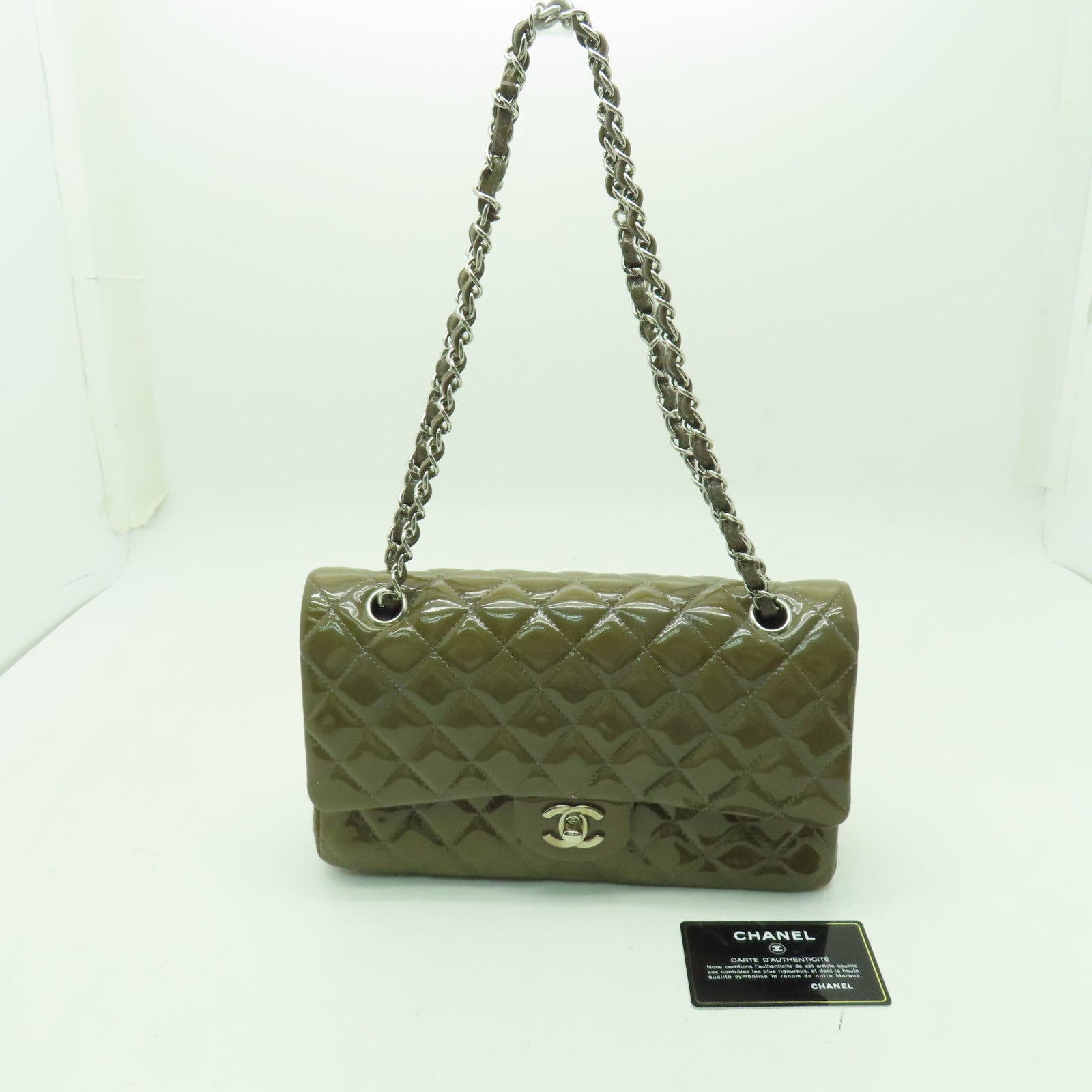 CHANEL 菱格漆皮皮革Chain Shoulder銀扣鏈帶肩背袋啡色
