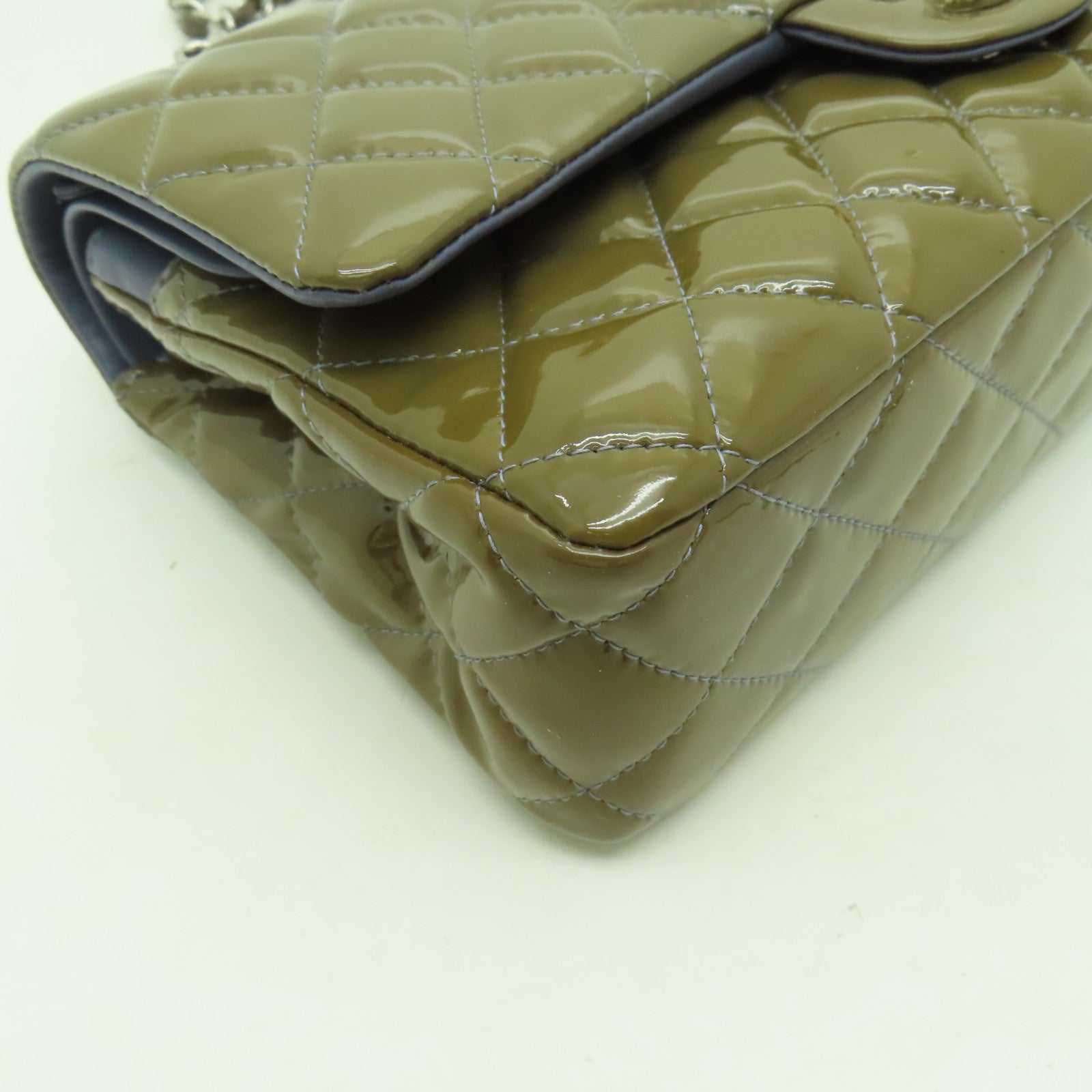 CHANEL 菱格漆皮皮革Chain Shoulder銀扣鏈帶肩背袋啡色