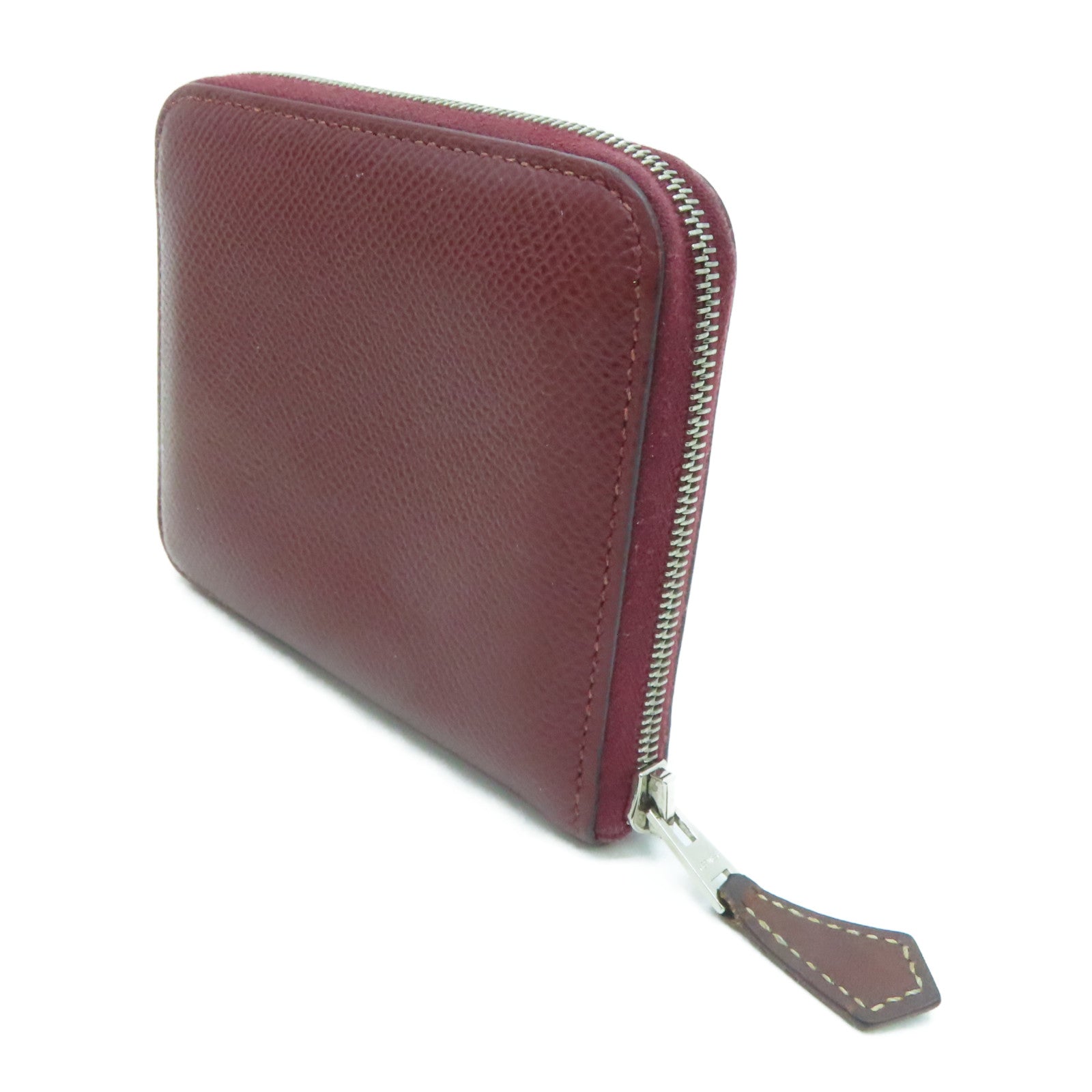 HERMES Epsom leather Silk in compact silver buckle coin purse maroon