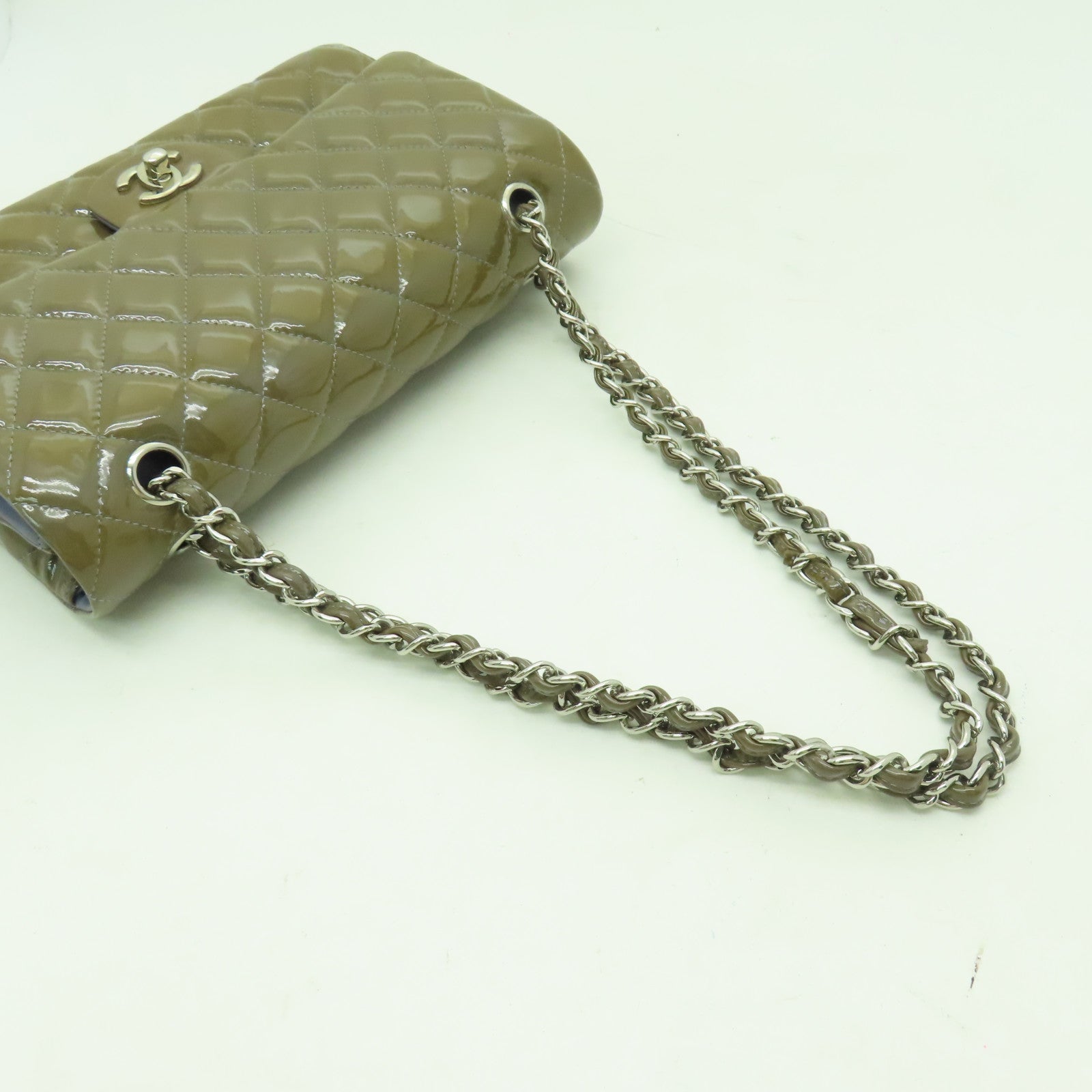 CHANEL 菱格漆皮皮革Chain Shoulder銀扣鏈帶肩背袋啡色