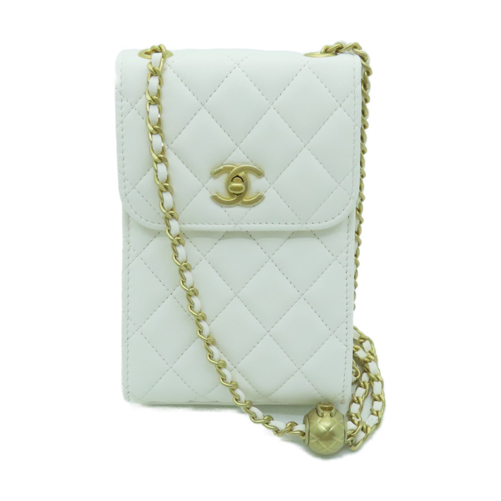 CHANEL 菱格羊皮皮革Chain Shoulder Bag金扣鏈帶肩背袋白色
