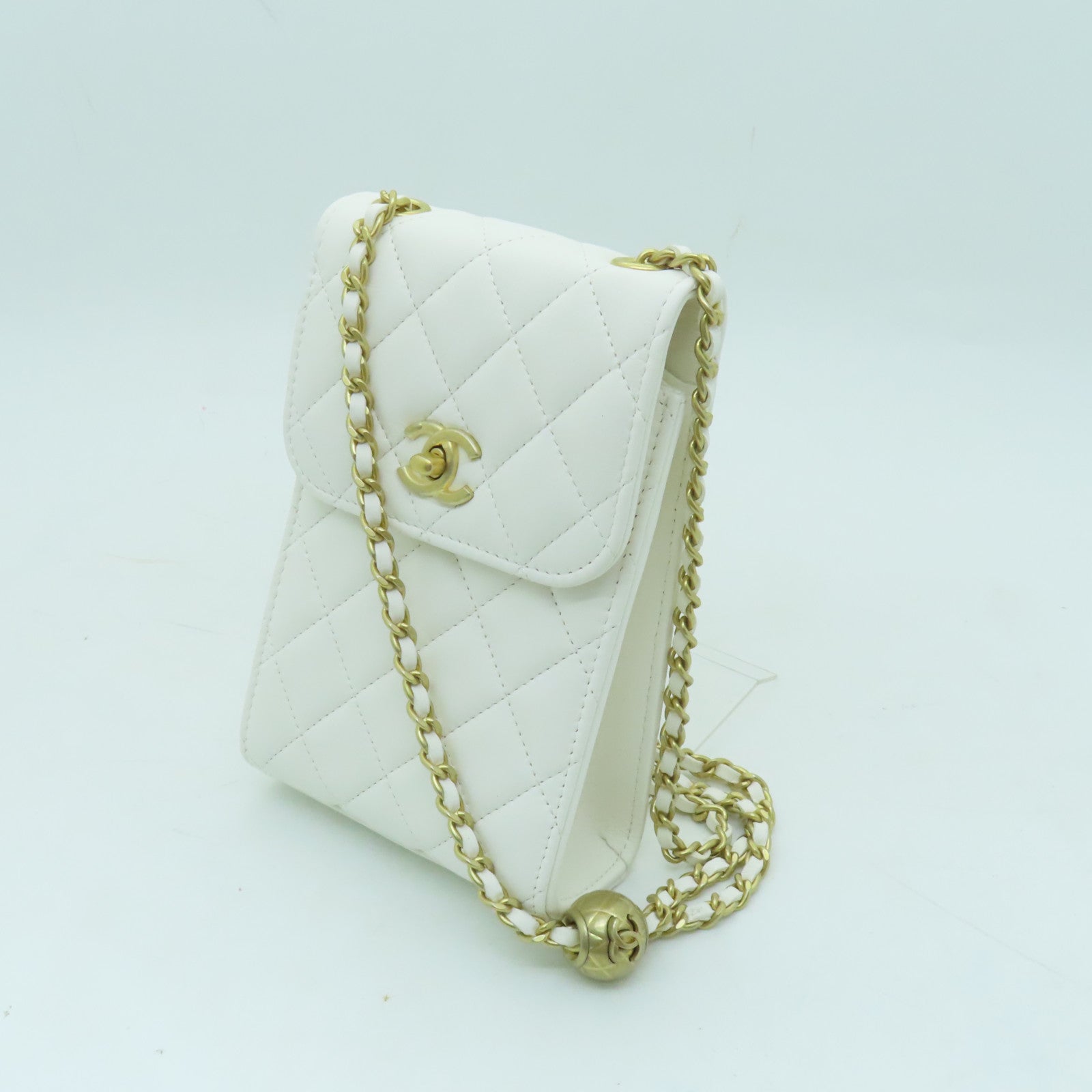 CHANEL 菱格羊皮皮革Chain Shoulder Bag金扣鏈帶肩背袋白色