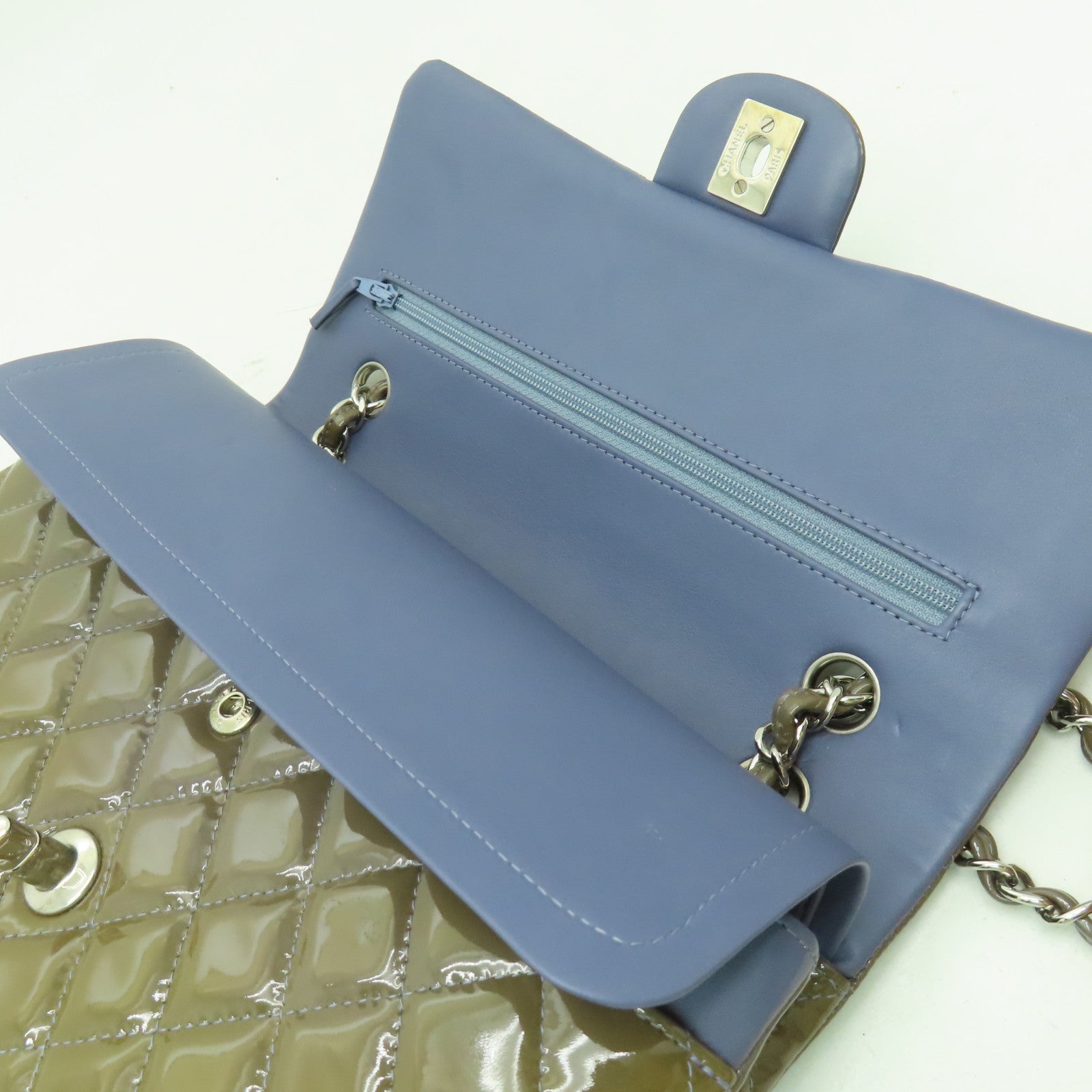 CHANEL 菱格漆皮皮革Chain Shoulder銀扣鏈帶肩背袋啡色