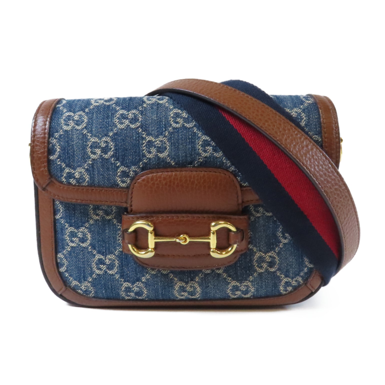 GUCCI 牛皮皮革Horsebit 1955金扣肩背袋啡色/藍色