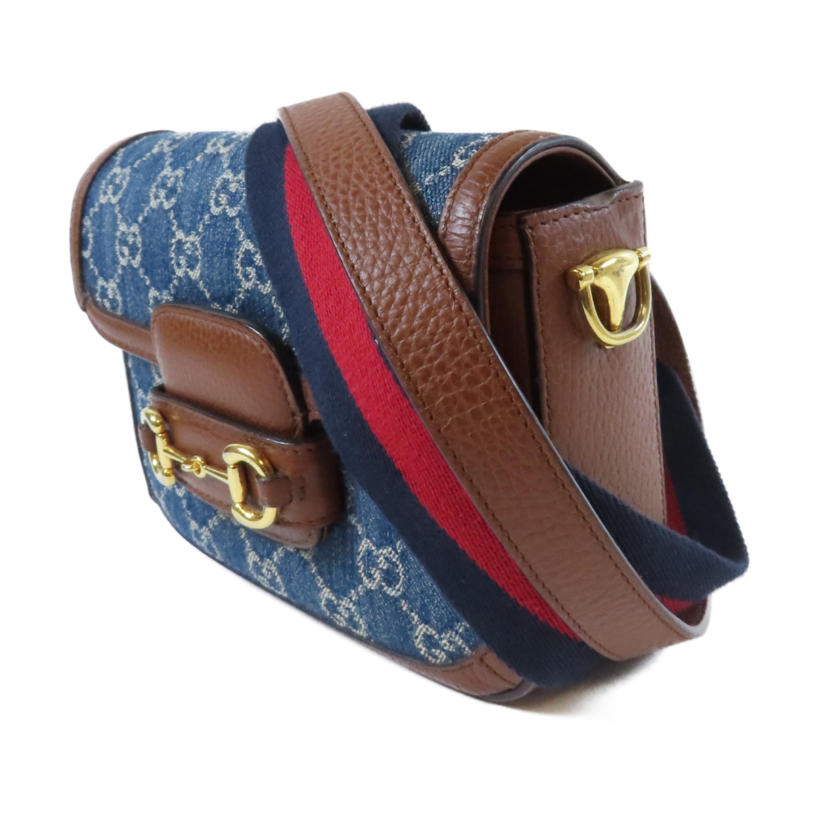 GUCCI 牛皮皮革Horsebit 1955金扣肩背袋啡色/藍色