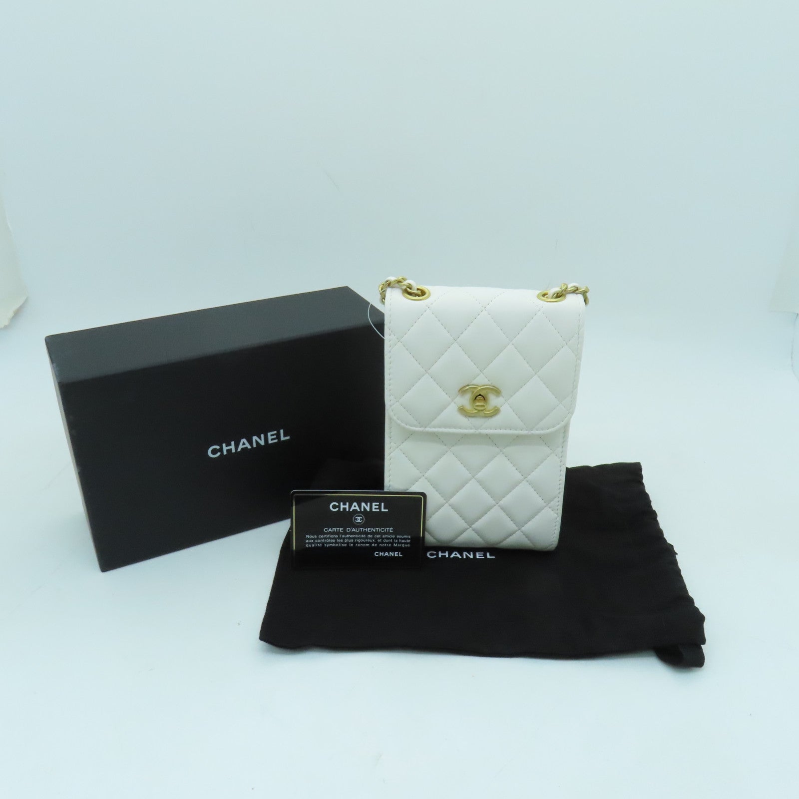 CHANEL 菱格羊皮皮革Chain Shoulder Bag金扣鏈帶肩背袋白色