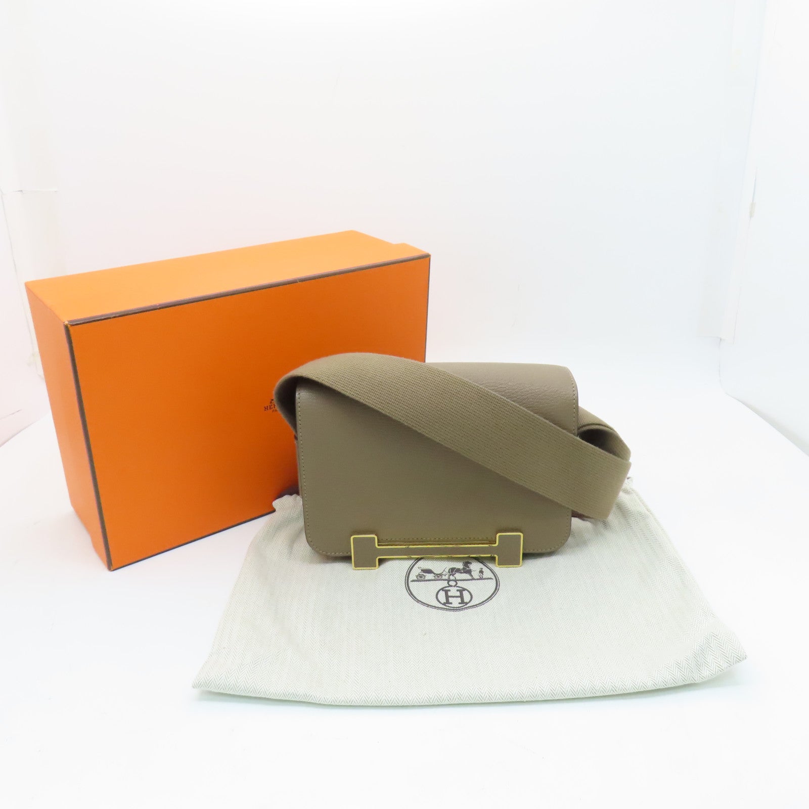 HERMES Chevre皮革Geta金扣肩背袋大象灰
