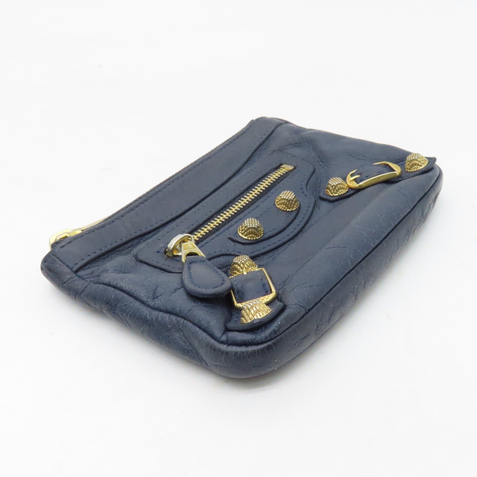 BALENCIAGA Sheepskin Leather Card Case Gold Buckle Blue