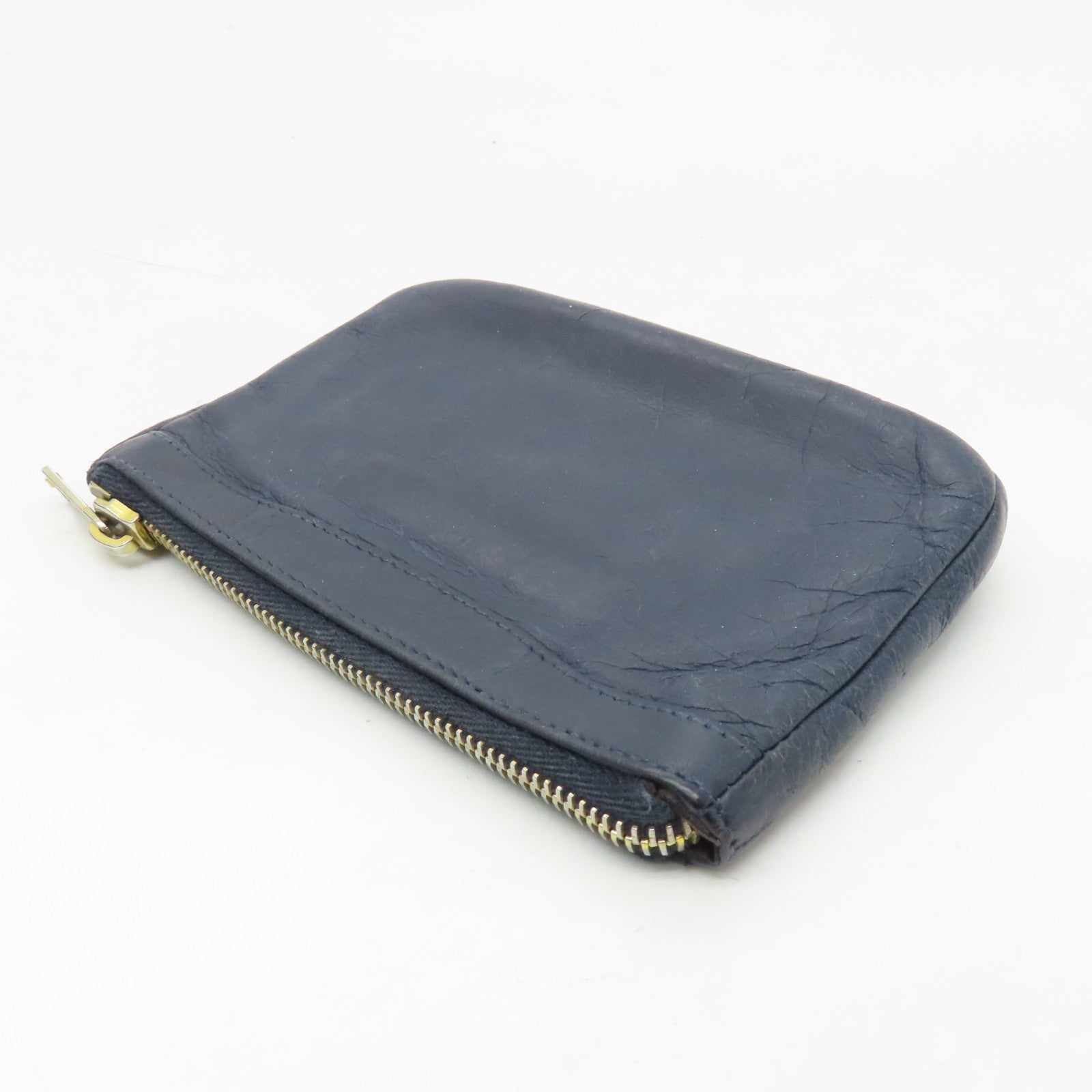 BALENCIAGA Sheepskin Leather Card Case Gold Buckle Blue