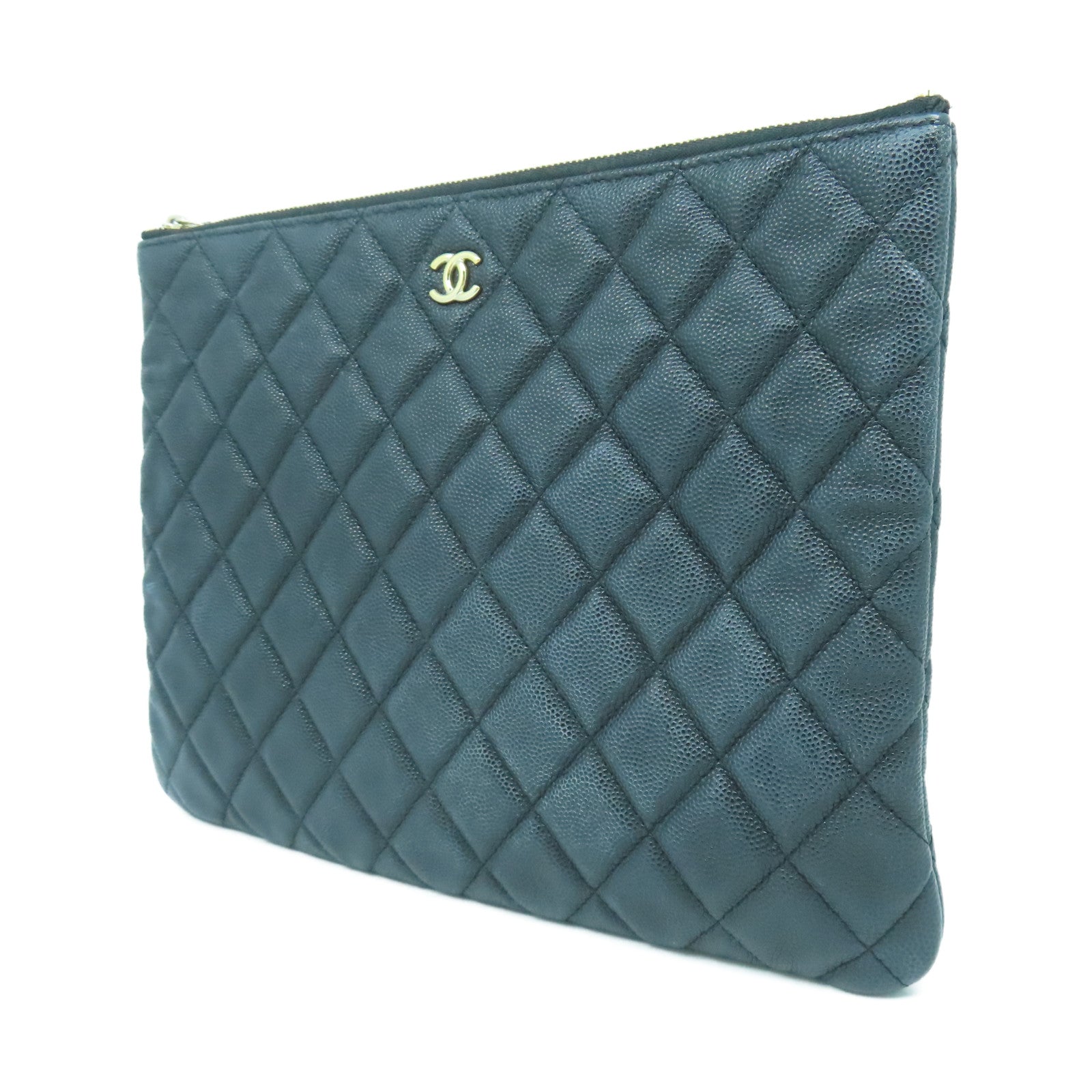 CHANEL 菱格Caviar皮革Pouch銀扣小袋黑色