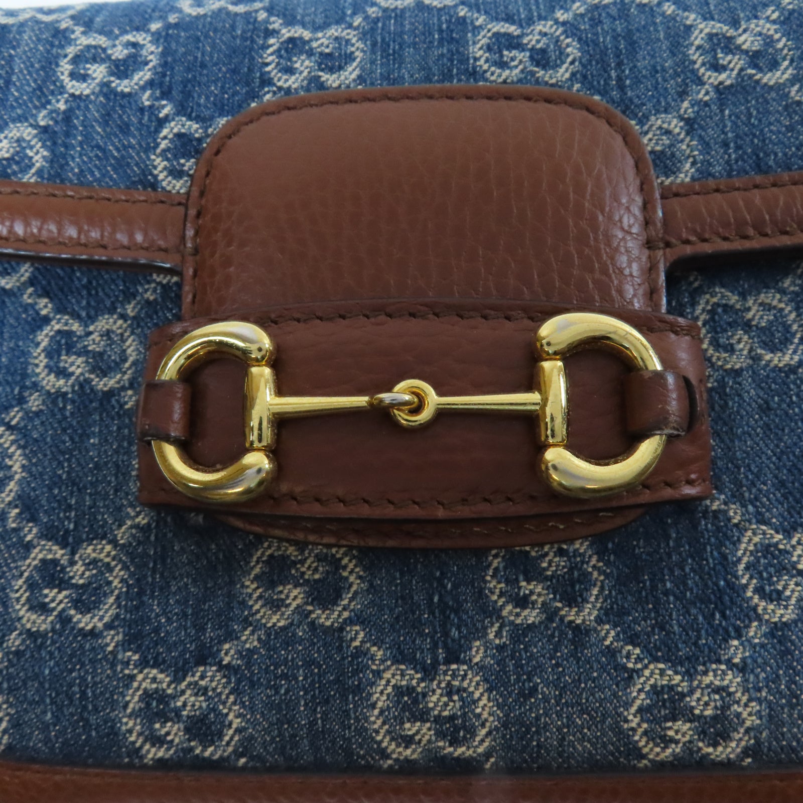 GUCCI 牛皮皮革Horsebit 1955金扣肩背袋啡色/藍色