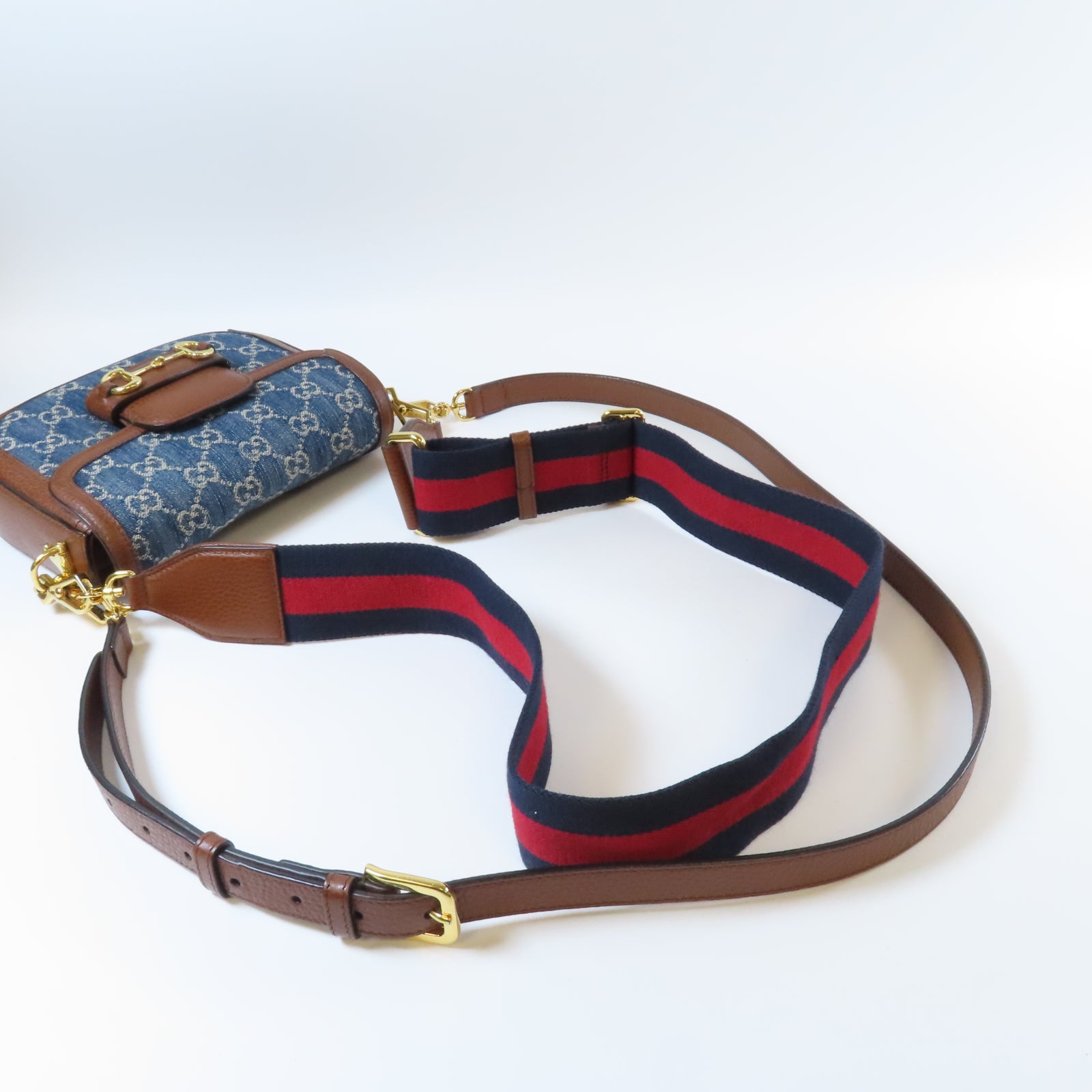 GUCCI 牛皮皮革Horsebit 1955金扣肩背袋啡色/藍色