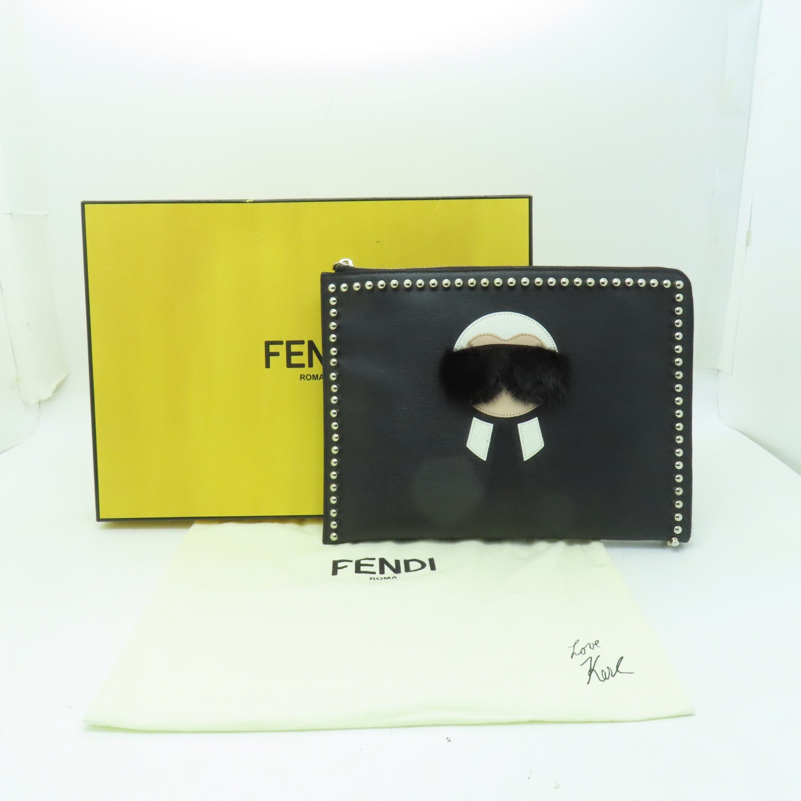 FENDI 【激減優惠】牛皮皮革Karlito Flat Clutch銀扣手拿包黑色