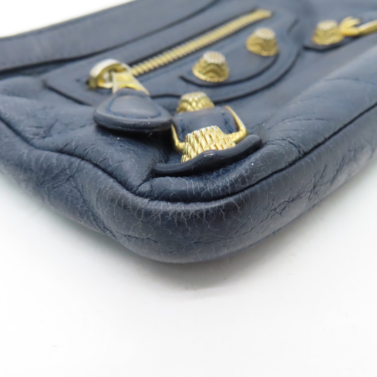 BALENCIAGA Sheepskin Leather Card Case Gold Buckle Blue