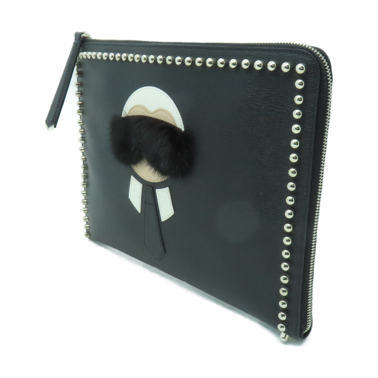FENDI 【激減優惠】牛皮皮革Karlito Flat Clutch銀扣手拿包黑色