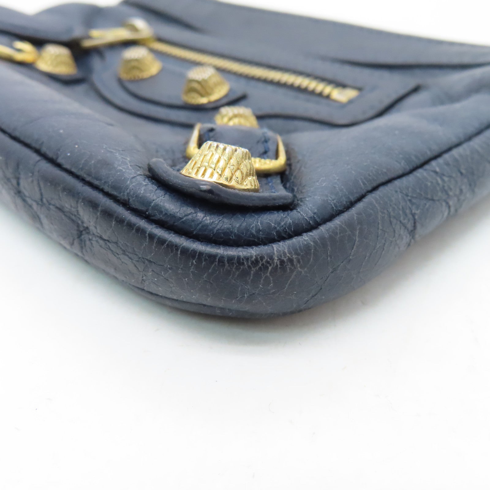 BALENCIAGA Sheepskin Leather Card Case Gold Buckle Blue