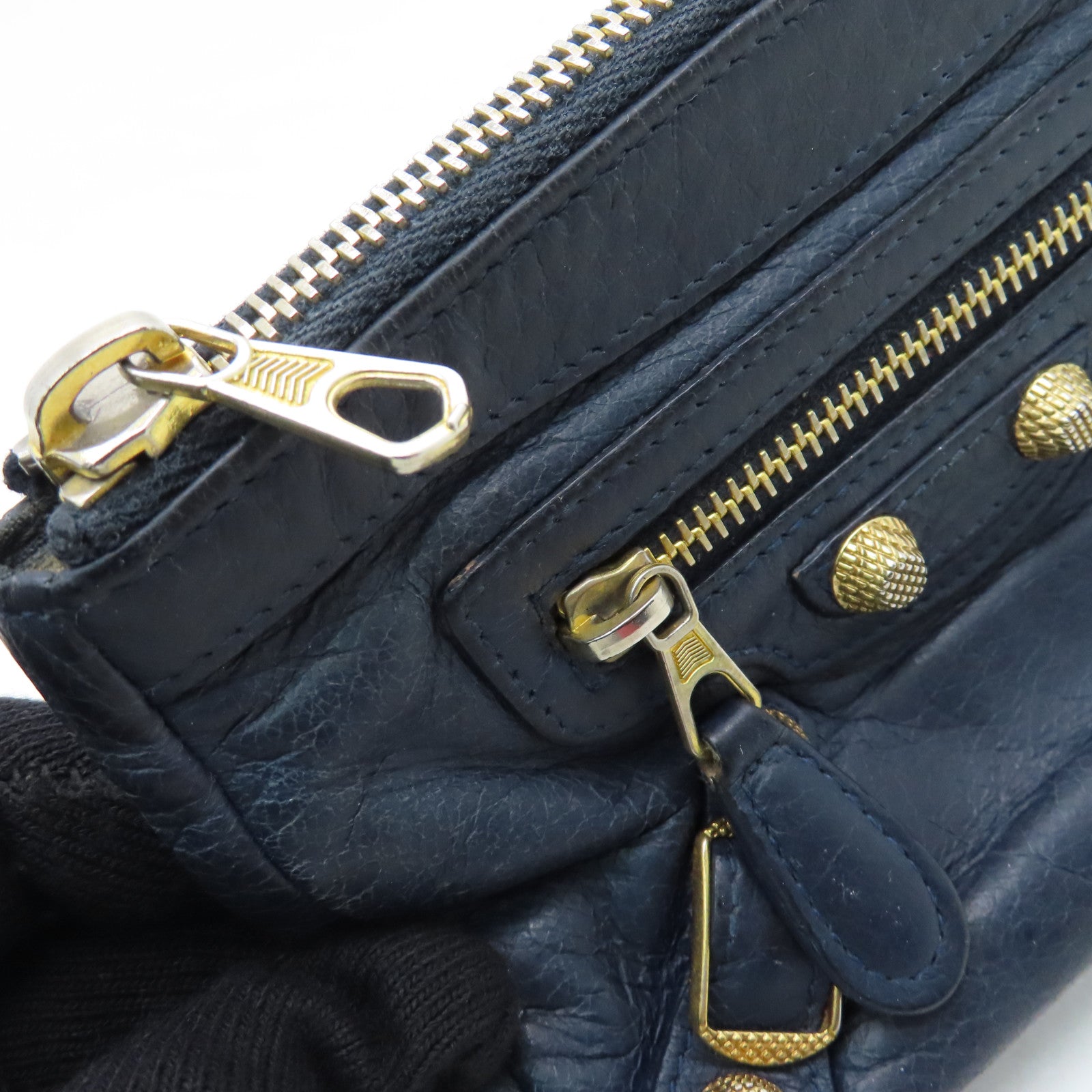BALENCIAGA Sheepskin Leather Card Case Gold Buckle Blue