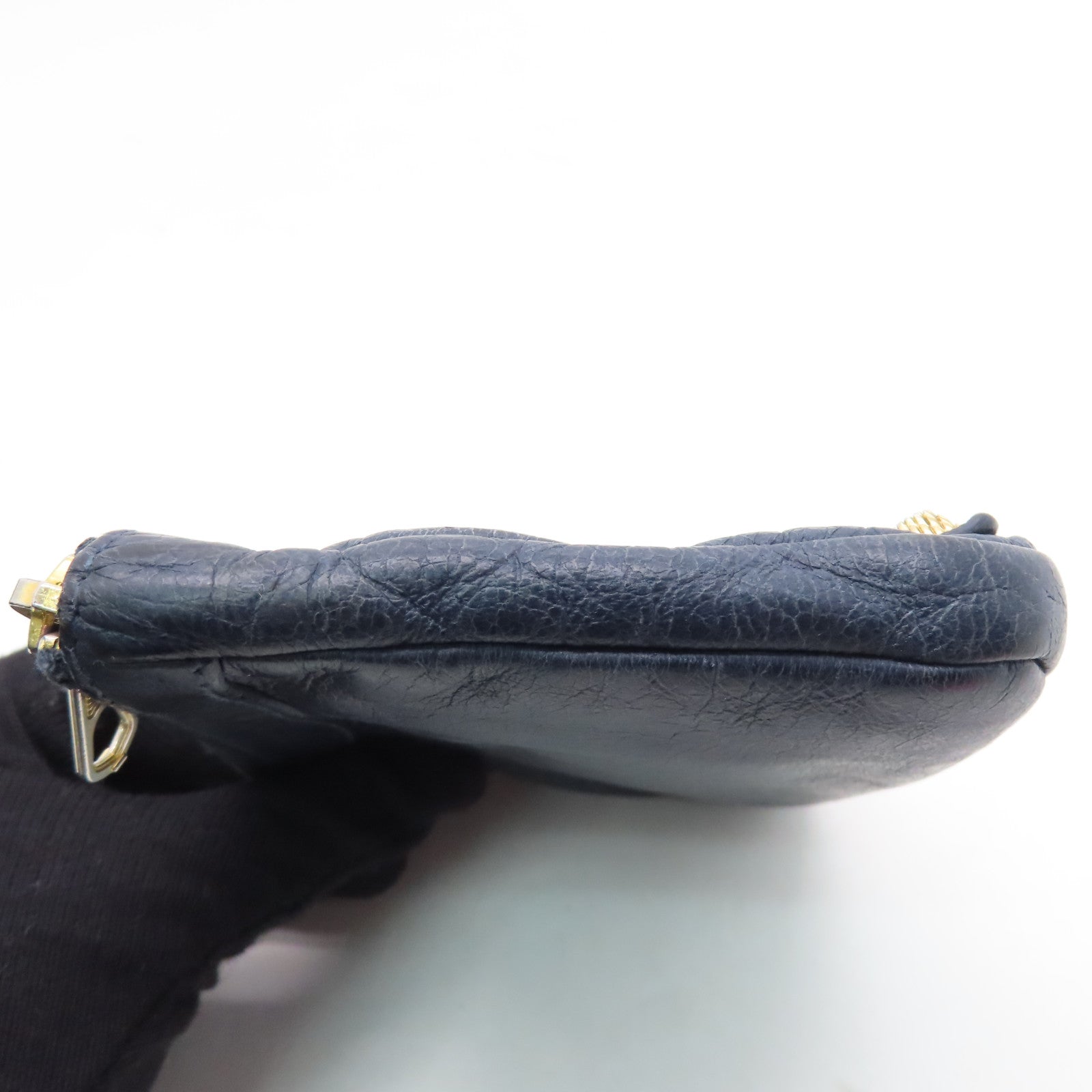 BALENCIAGA Sheepskin Leather Card Case Gold Buckle Blue
