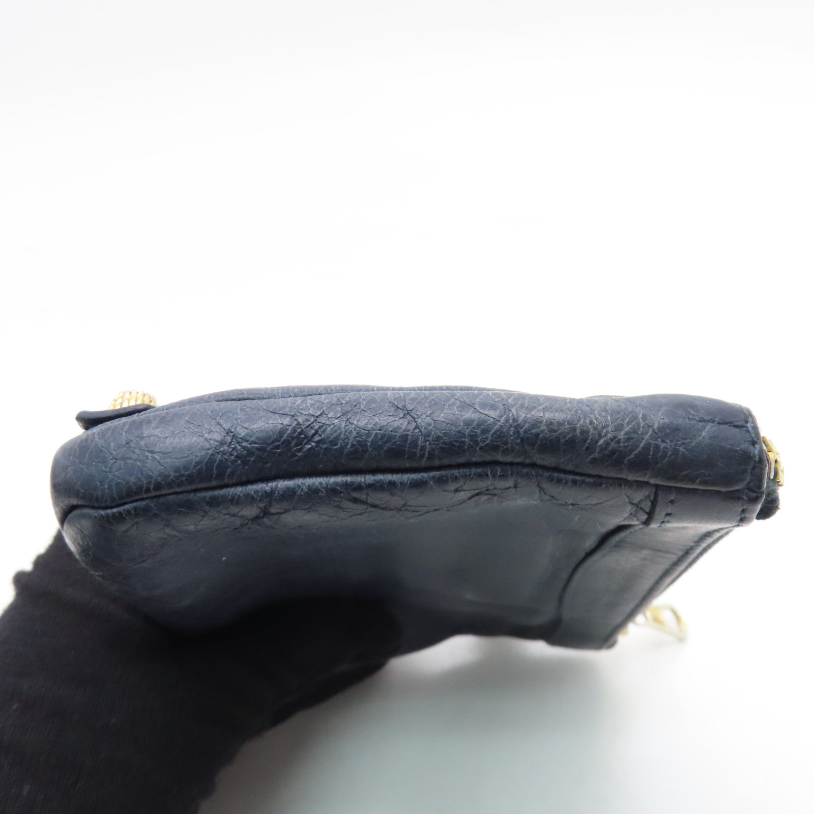 BALENCIAGA Sheepskin Leather Card Case Gold Buckle Blue