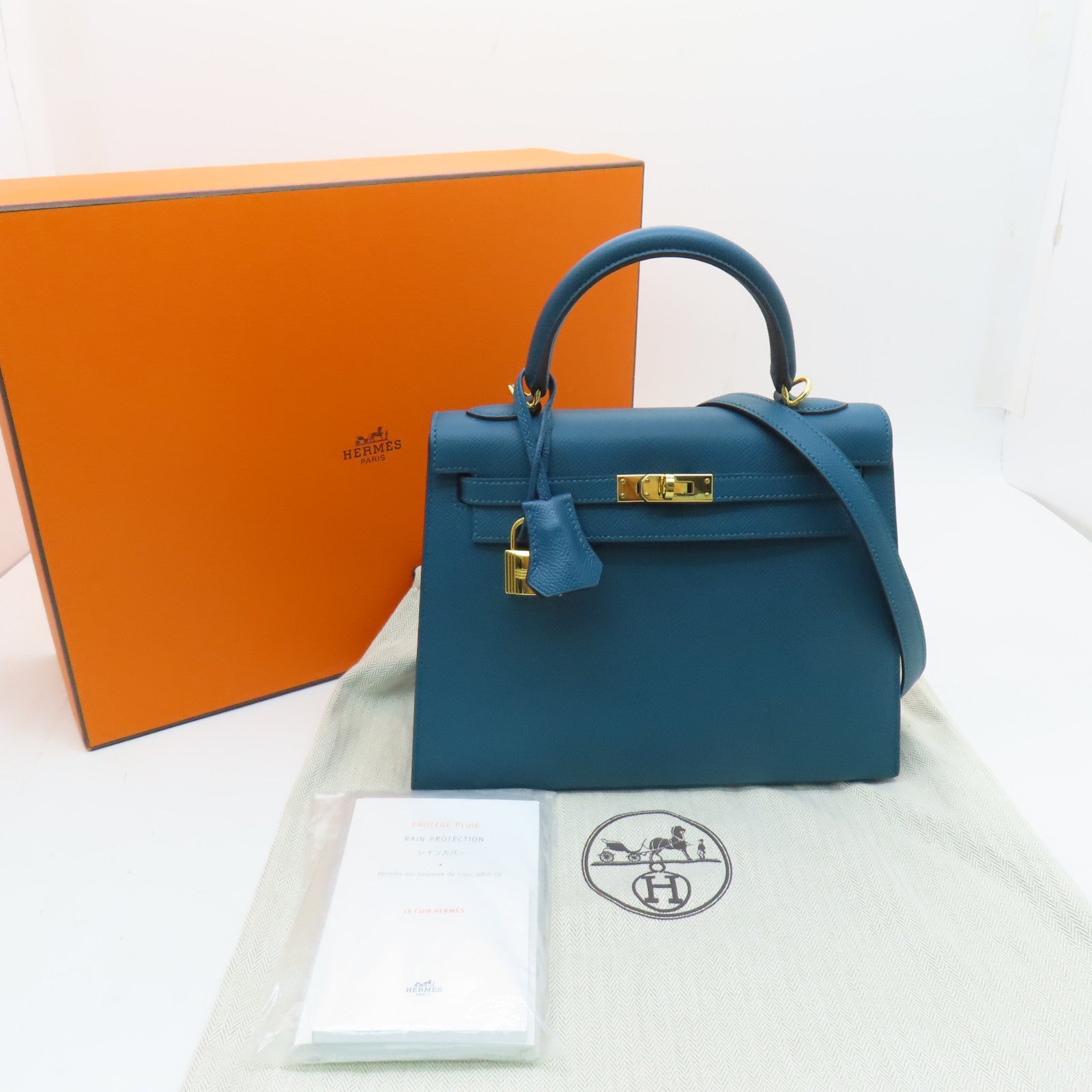 HERMES 【激減優惠】Epsom皮革Kelly 25金扣手挽肩背兩用袋Vert Bosphore綠色