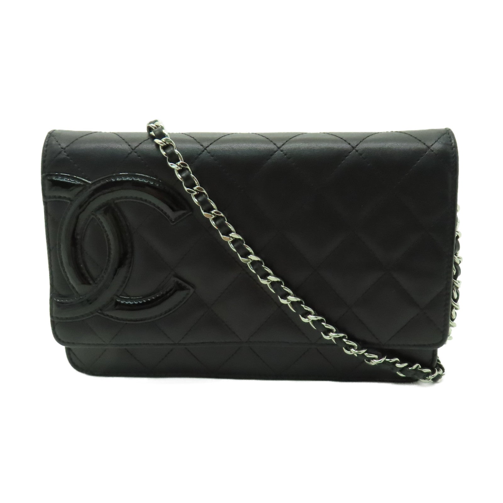 CHANEL 菱格羊皮皮革Chain Shoulder銀扣鏈帶肩背袋黑色