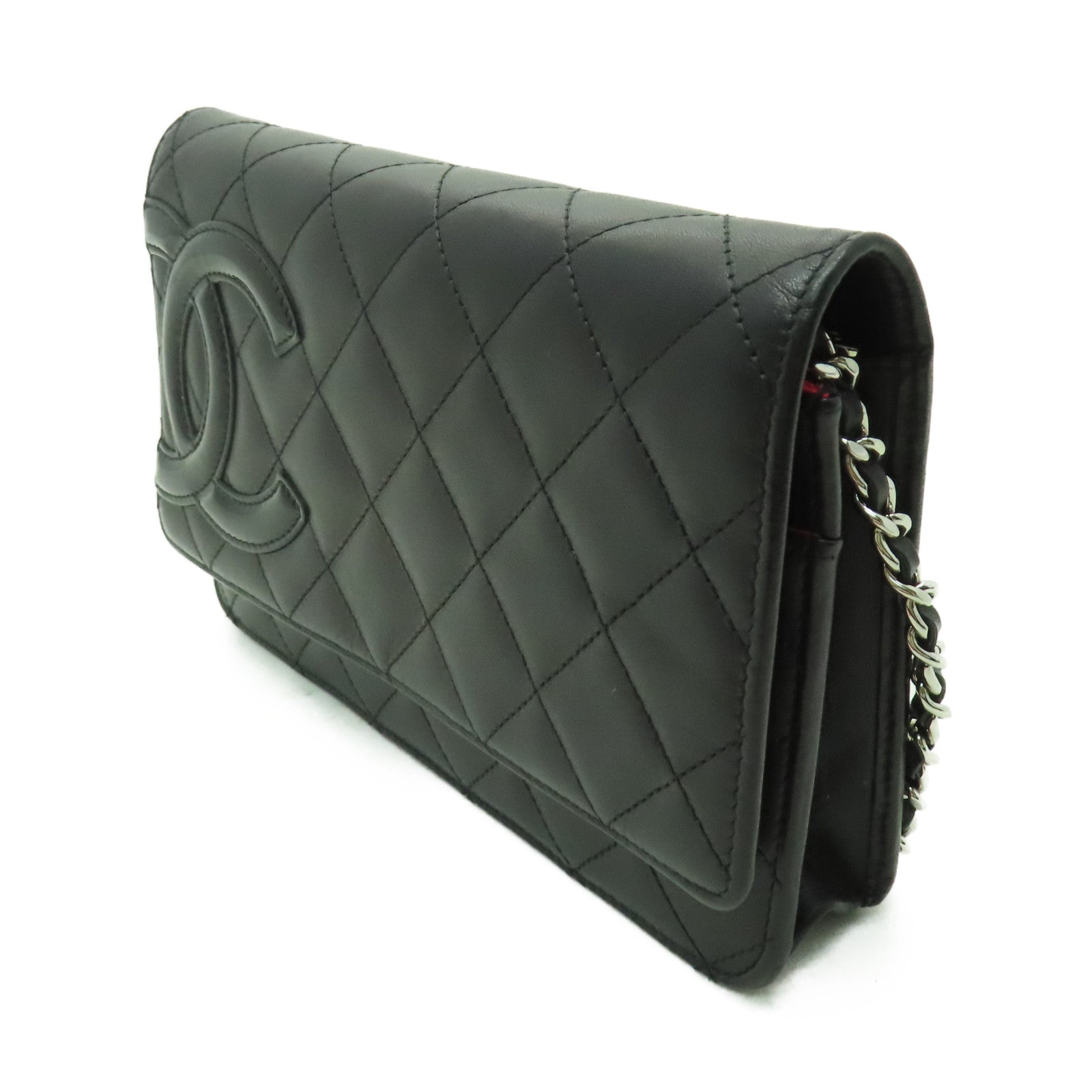 CHANEL 菱格羊皮皮革Chain Shoulder銀扣鏈帶肩背袋黑色