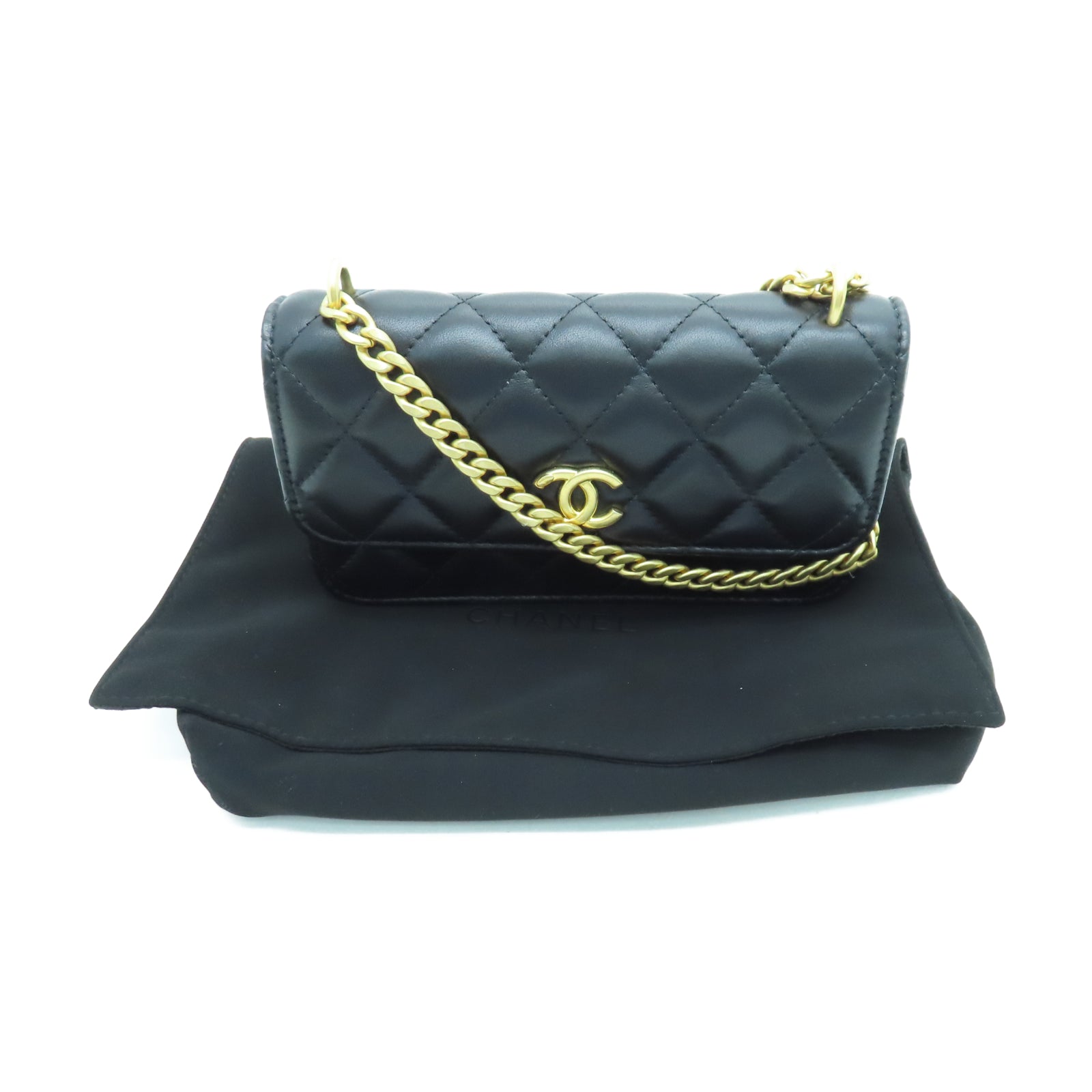 CHANEL 菱格羊皮皮革Chain Shoulder银扣链带肩背袋黑色