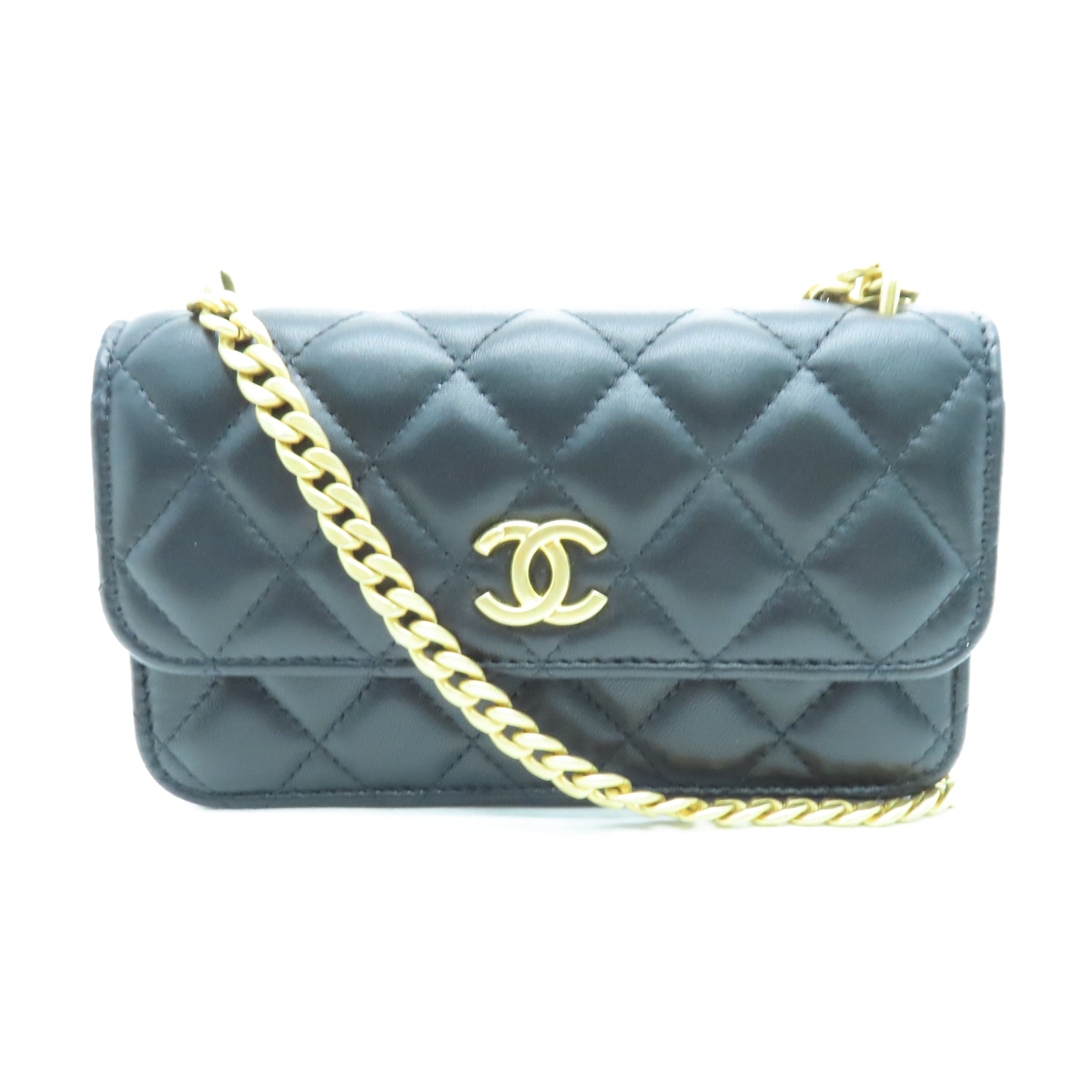 CHANEL 菱格羊皮皮革Chain Shoulder银扣链带肩背袋黑色