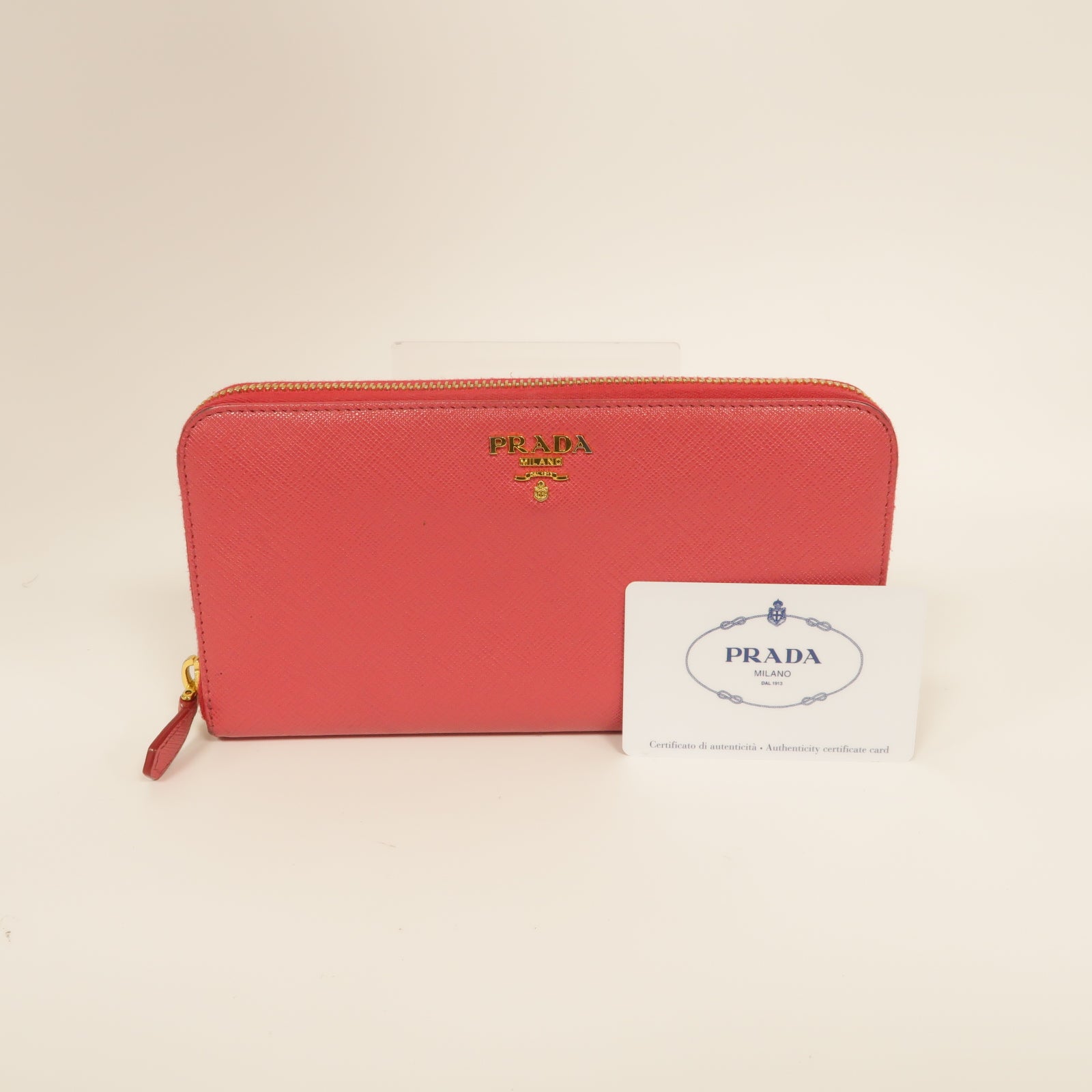 PRADA Saffiano皮革Zip Around Long Wallet金扣長錢包粉紅色
