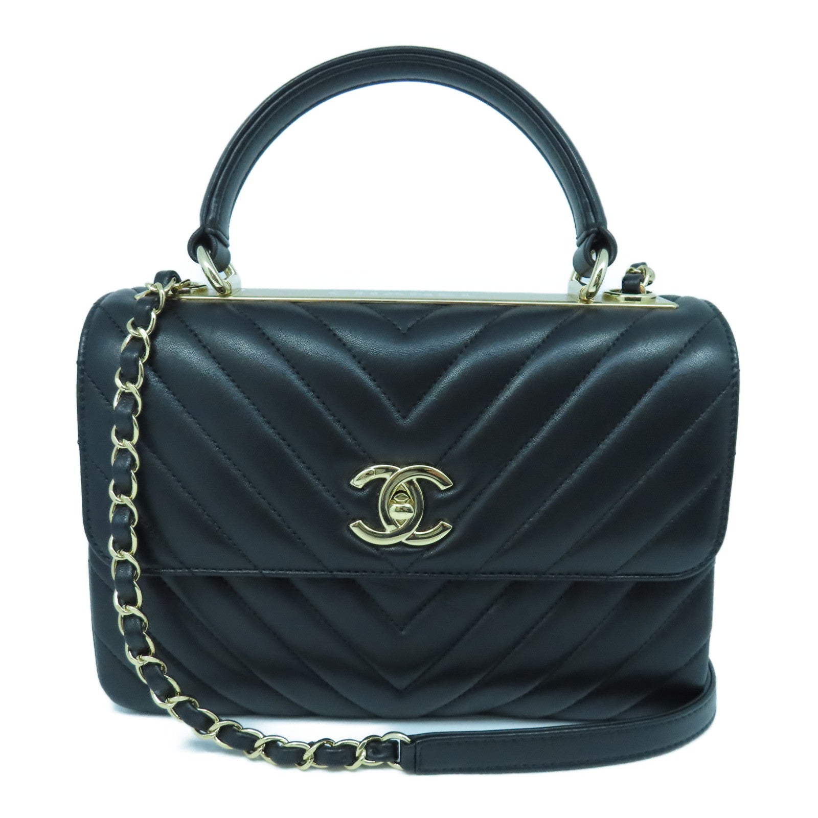 CHANEL 斜紋羊皮皮革Small Trendy CC Bag金扣手挽肩背兩用袋黑色