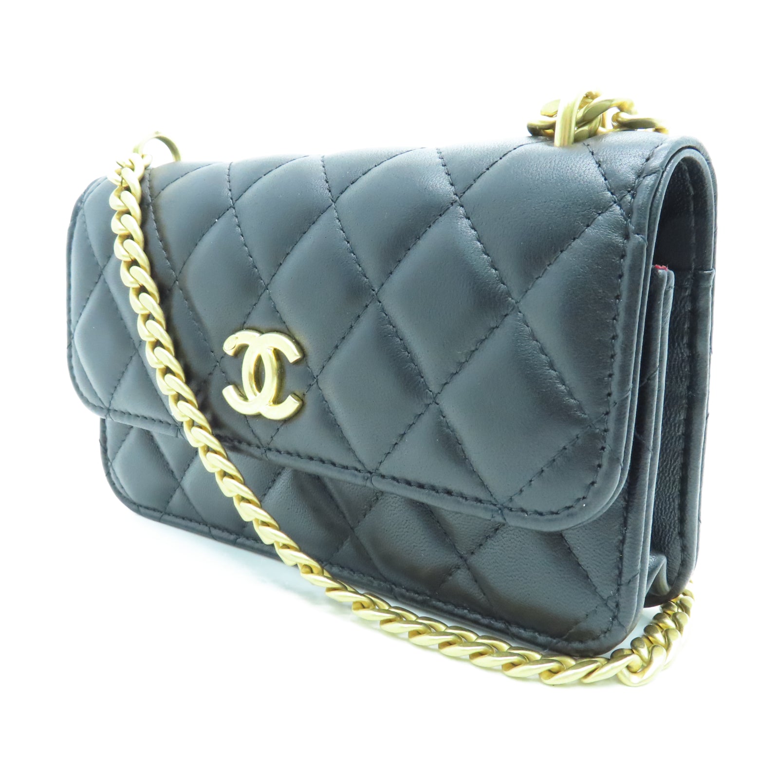 CHANEL 菱格羊皮皮革Chain Shoulder银扣链带肩背袋黑色