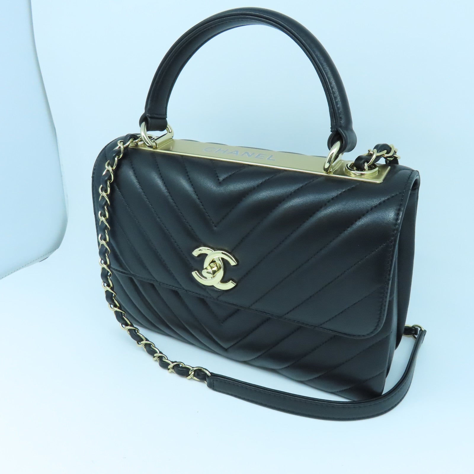 CHANEL 斜紋羊皮皮革Small Trendy CC Bag金扣手挽肩背兩用袋黑色