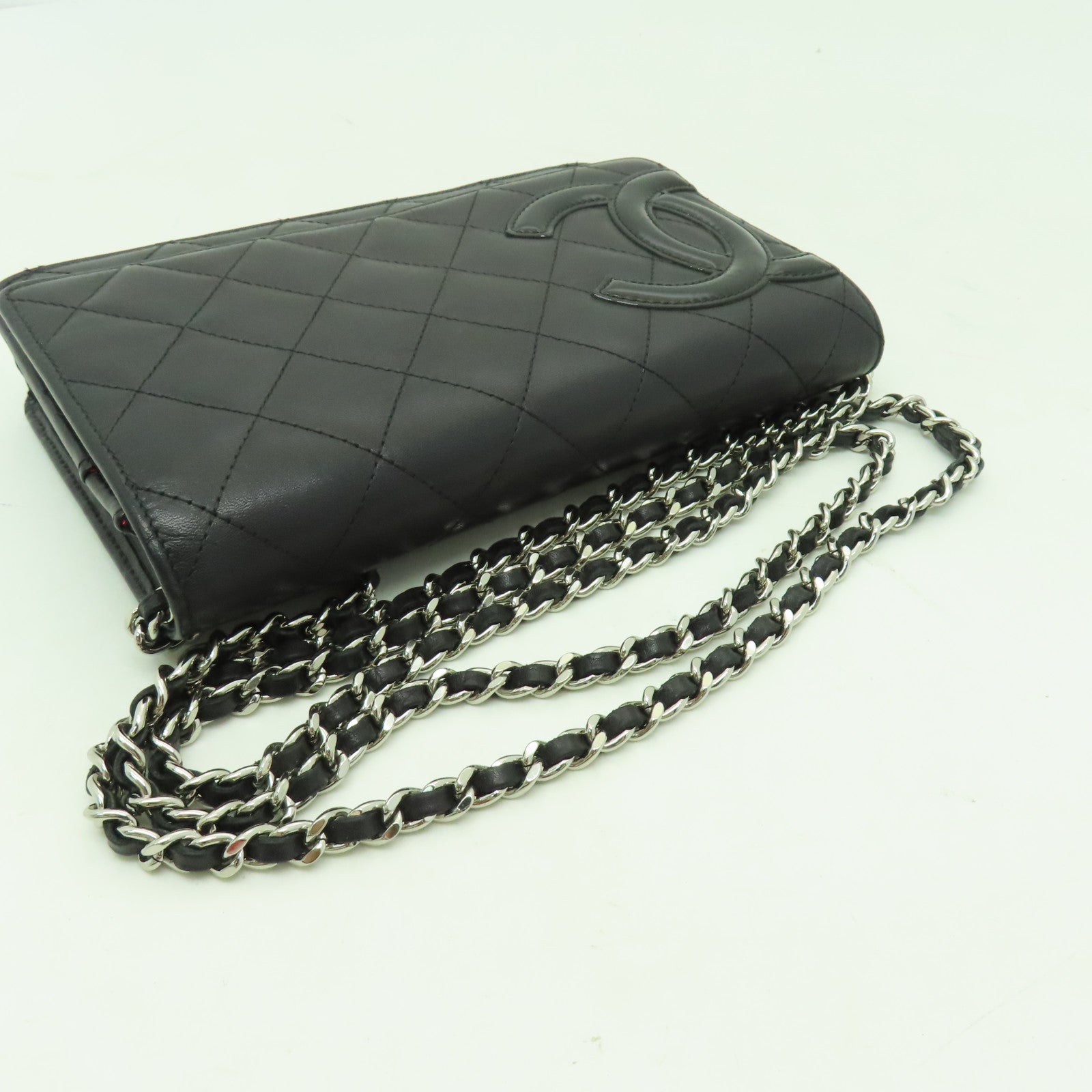 CHANEL 菱格羊皮皮革Chain Shoulder銀扣鏈帶肩背袋黑色