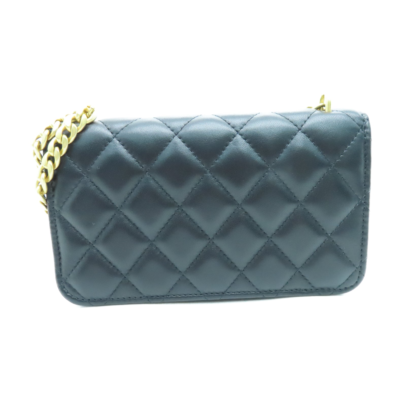CHANEL 菱格羊皮皮革Chain Shoulder银扣链带肩背袋黑色