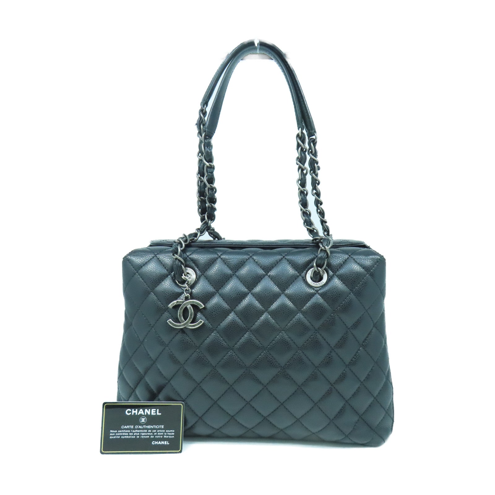 CHANEL 菱格Caviar皮革Chain Shoulder銀扣鏈帶肩背袋黑色