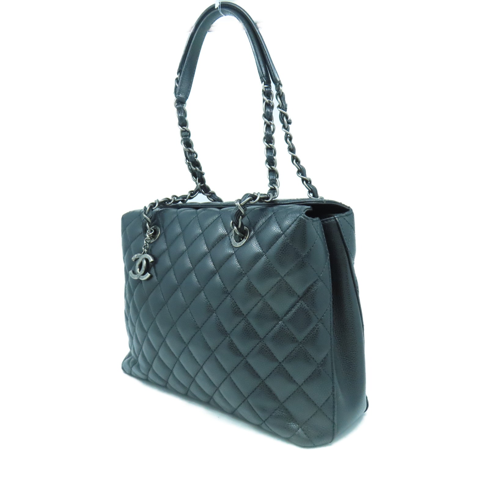 CHANEL 菱格Caviar皮革Chain Shoulder銀扣鏈帶肩背袋黑色