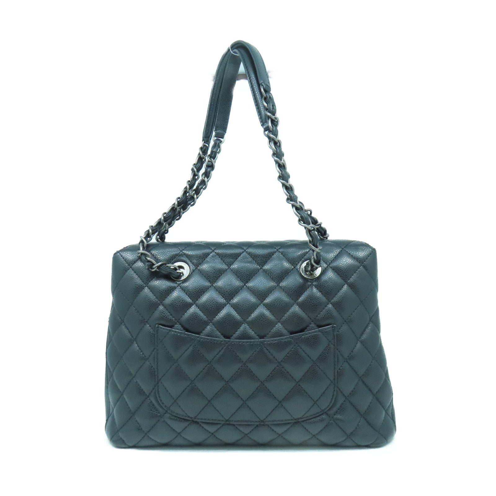 CHANEL 菱格Caviar皮革Chain Shoulder銀扣鏈帶肩背袋黑色