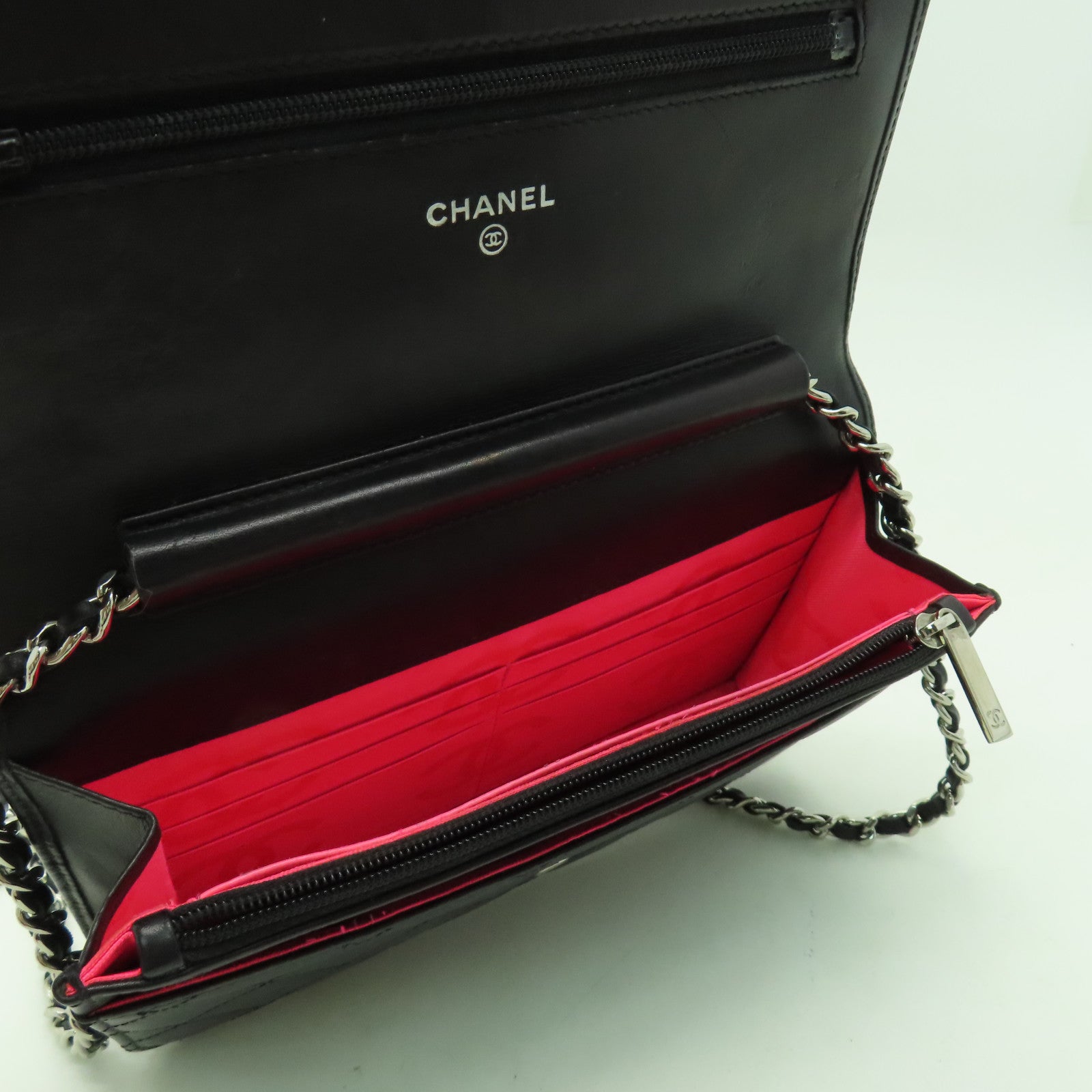 CHANEL 菱格羊皮皮革Chain Shoulder銀扣鏈帶肩背袋黑色