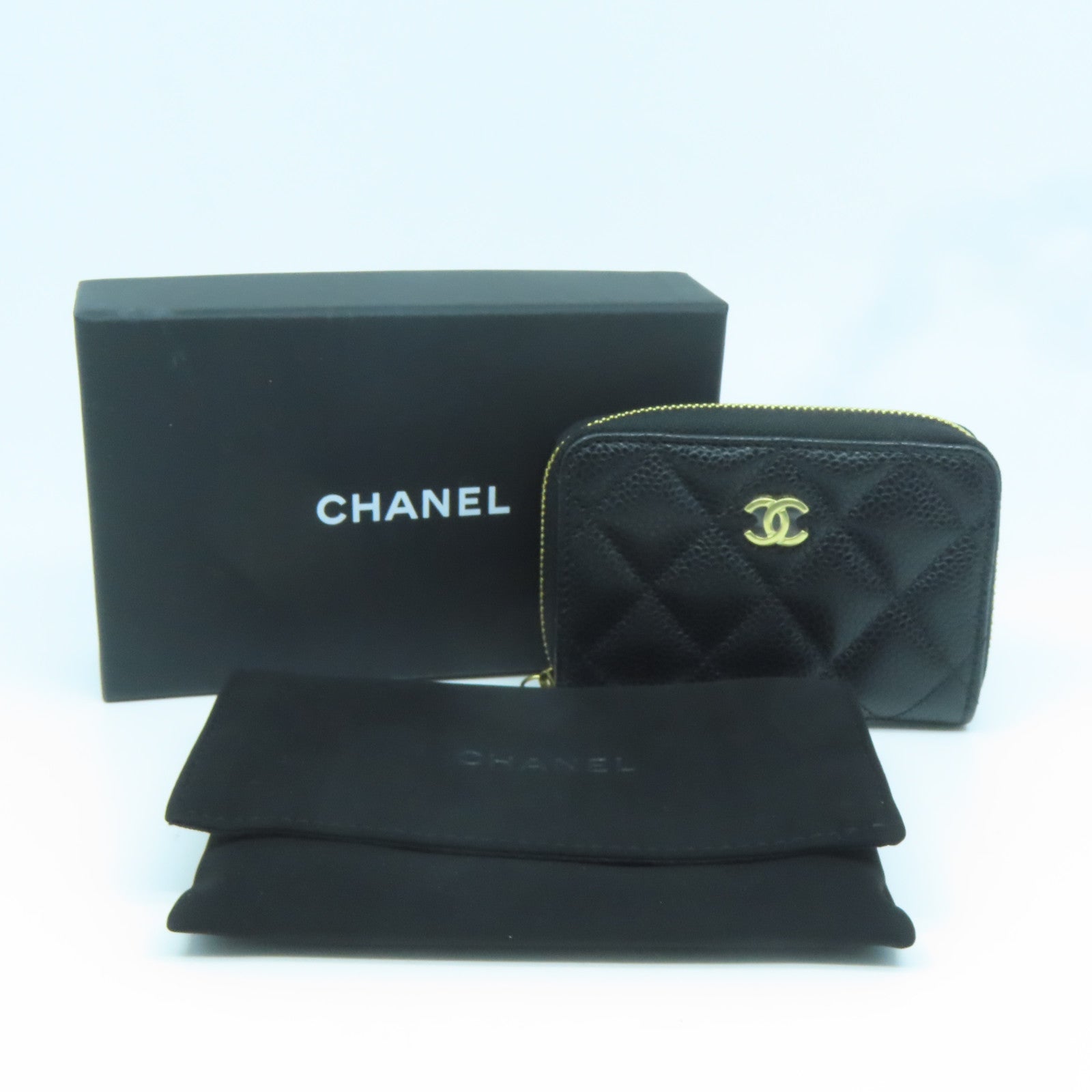 CHANEL 菱格Caviar皮革Card Case金扣卡片套黑色