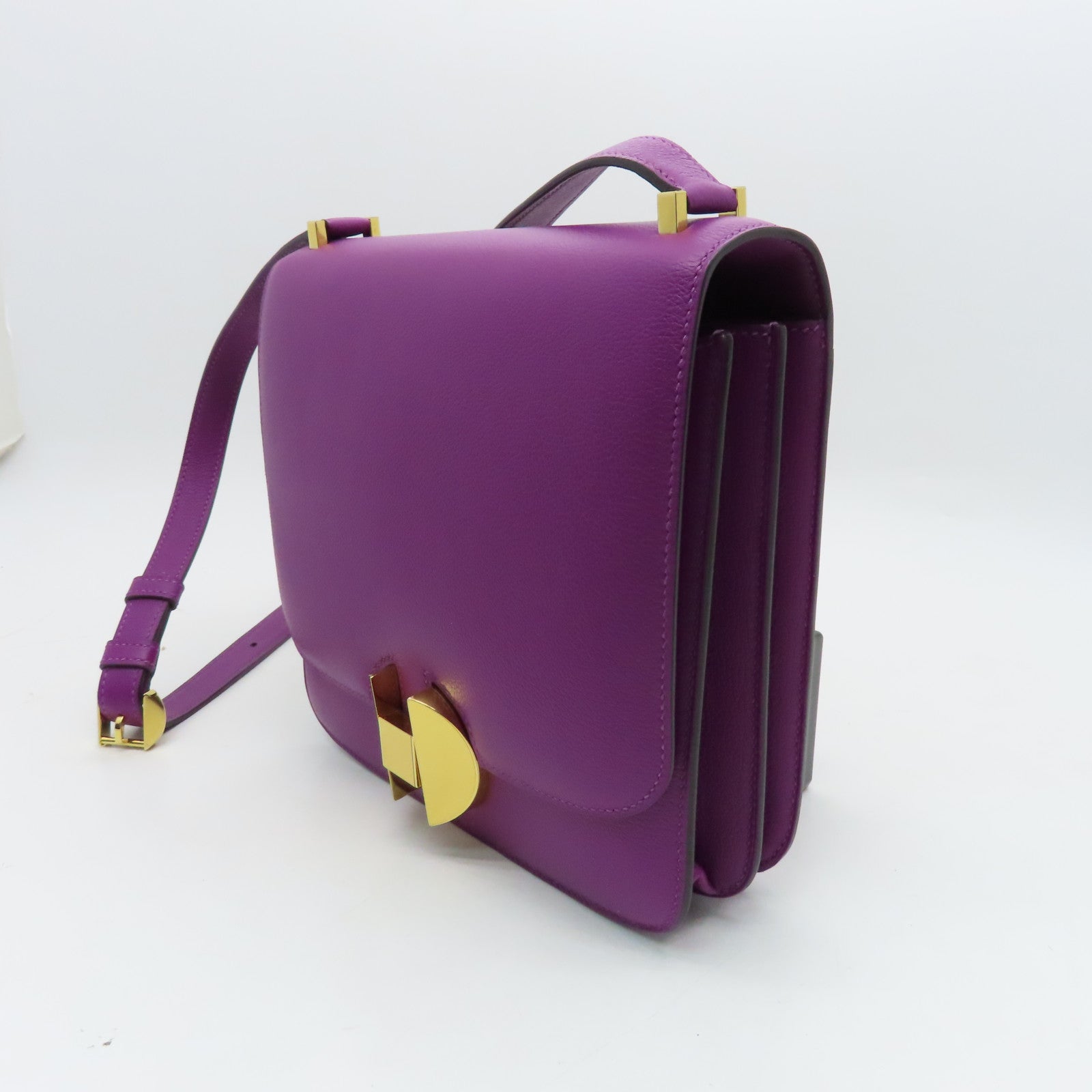 HERMES Evercolor Leather 2002-20 Gold Buckle Shoulder Bag Purple