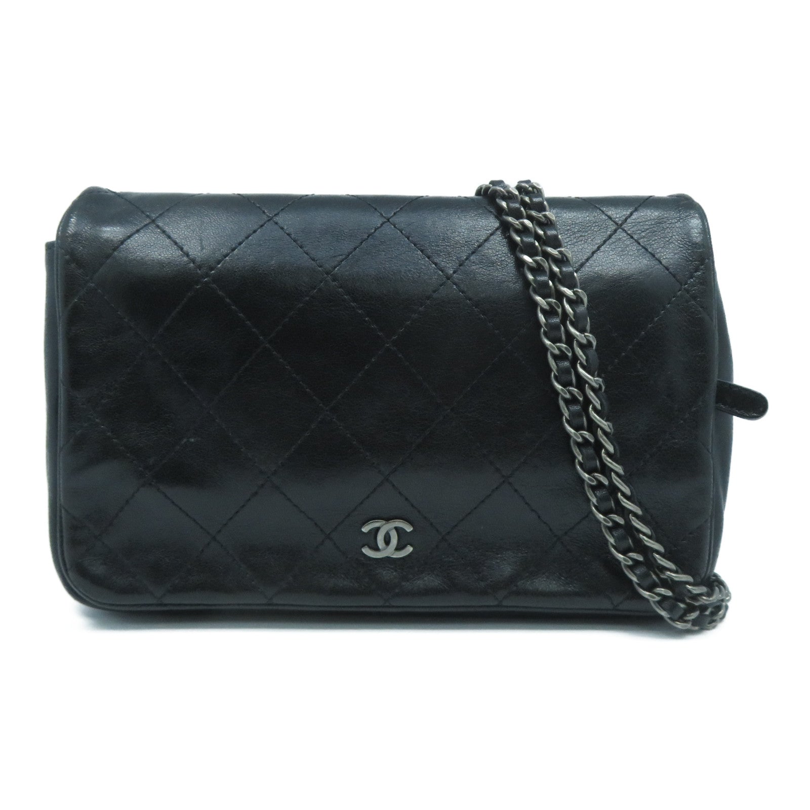 CHANEL 菱格羊皮皮革Wallet On Chain銀扣鏈帶肩背袋黑色
