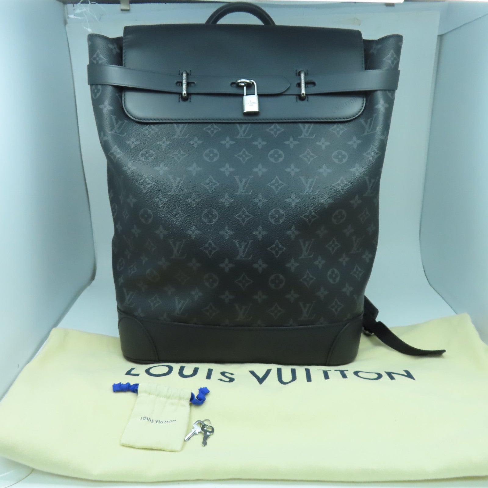 LOUIS VUITTON Monogram Eclipse Steamer銀扣背包黑色/灰色