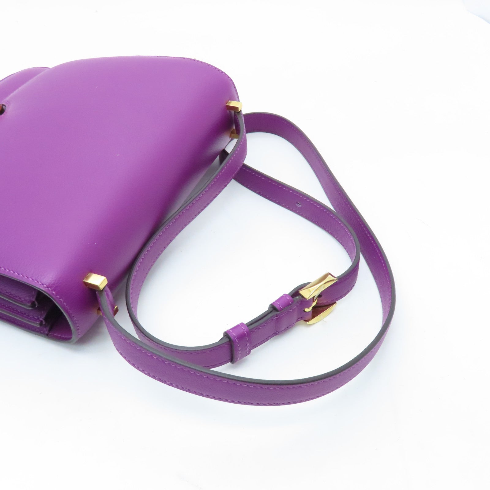HERMES Evercolor Leather 2002-20 Gold Buckle Shoulder Bag Purple