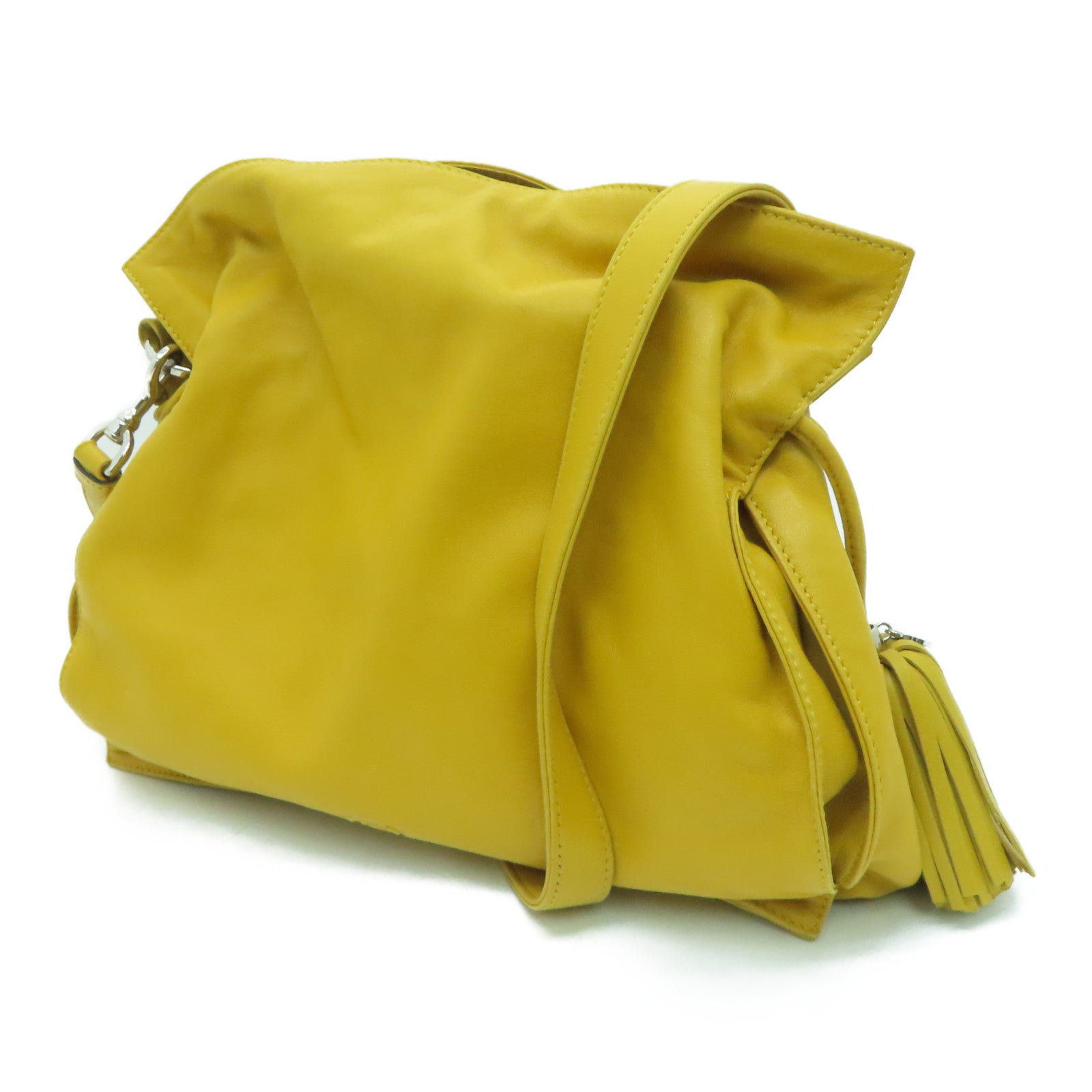 LOEWE [Sharp Discount] Sheepskin Leather Bolso Flamenco 30 Silver Buckle Shoulder Bag Mustard Color