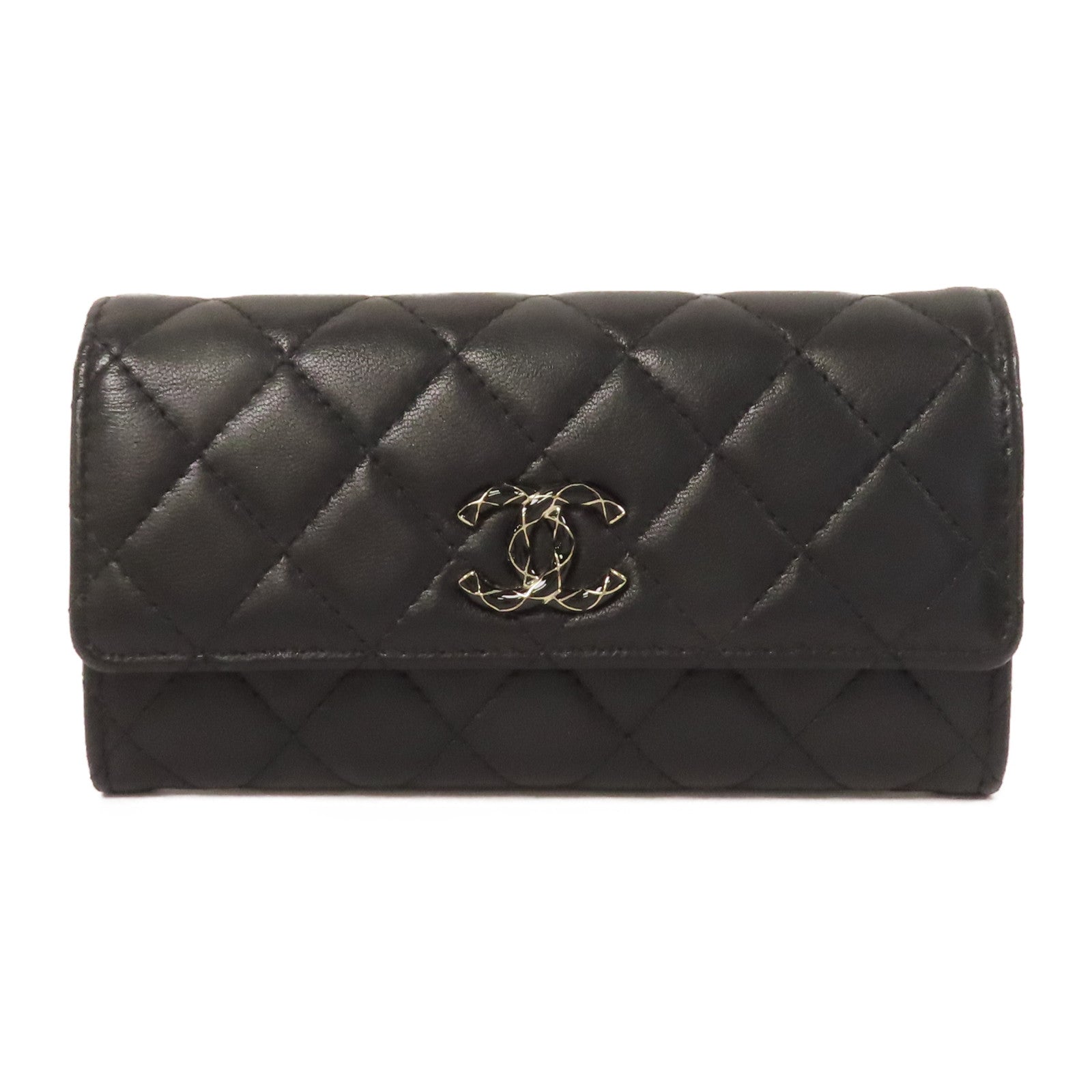 CHANEL 菱格羊皮皮革Wallet金扣錢包黑色