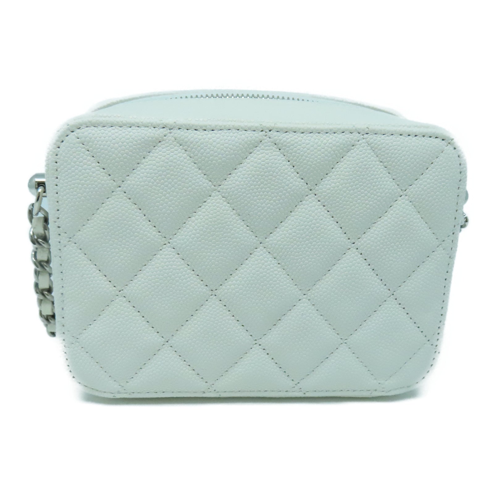 CHANEL 菱格Caviar皮革Camera Bag银扣肩背袋白色