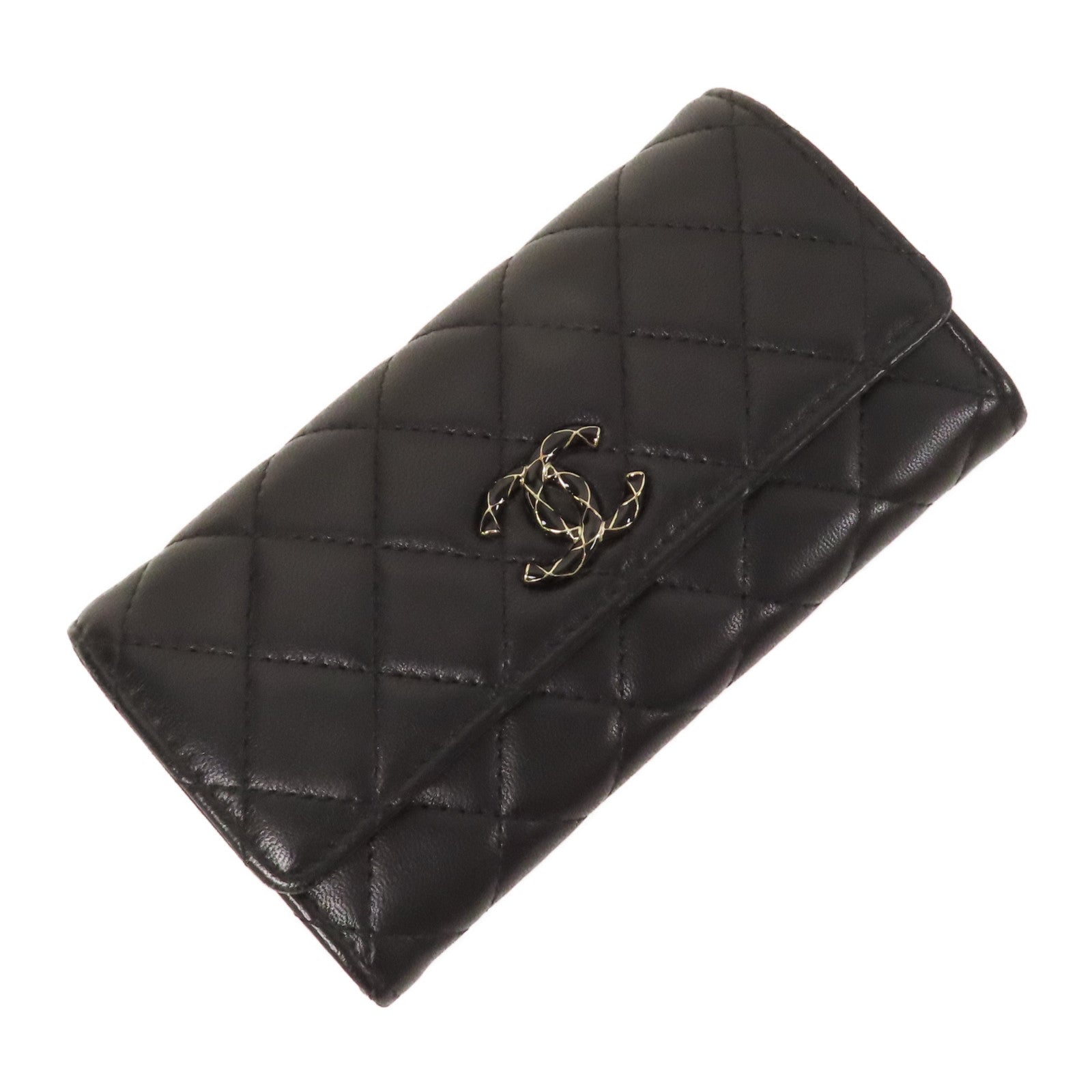 CHANEL 菱格羊皮皮革Wallet金扣錢包黑色