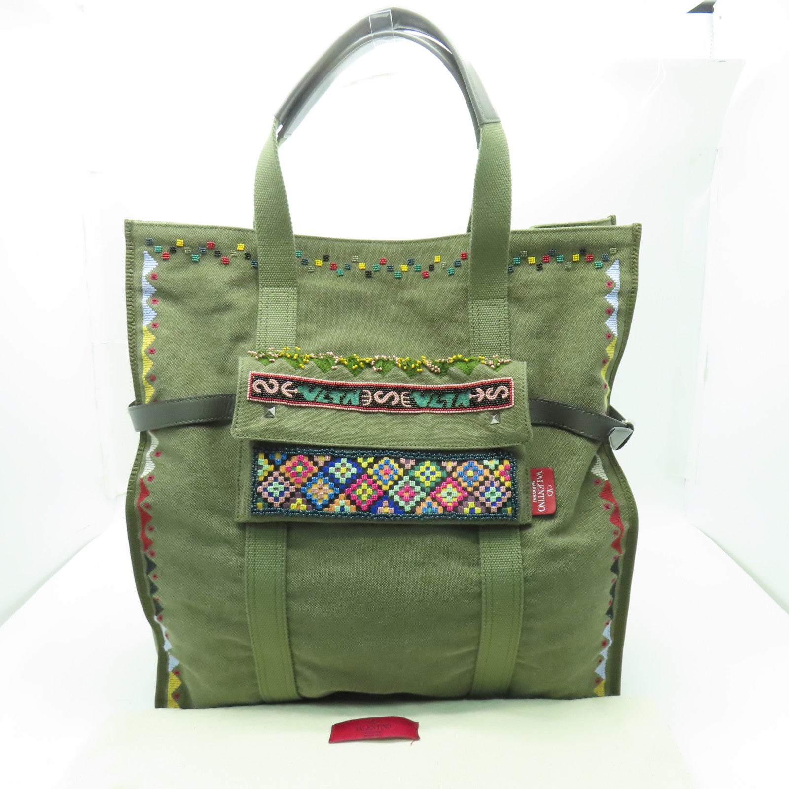 Valentino 帆布Tote Bag銀扣手挽袋綠色