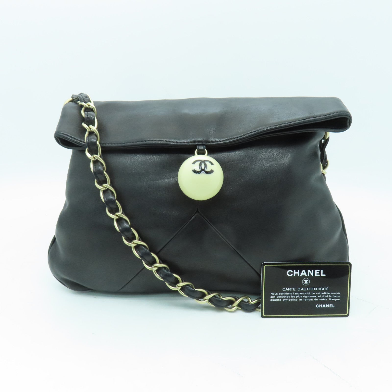 CHANEL 羊皮皮革Chain Shoulder金扣鏈帶肩背袋黑色