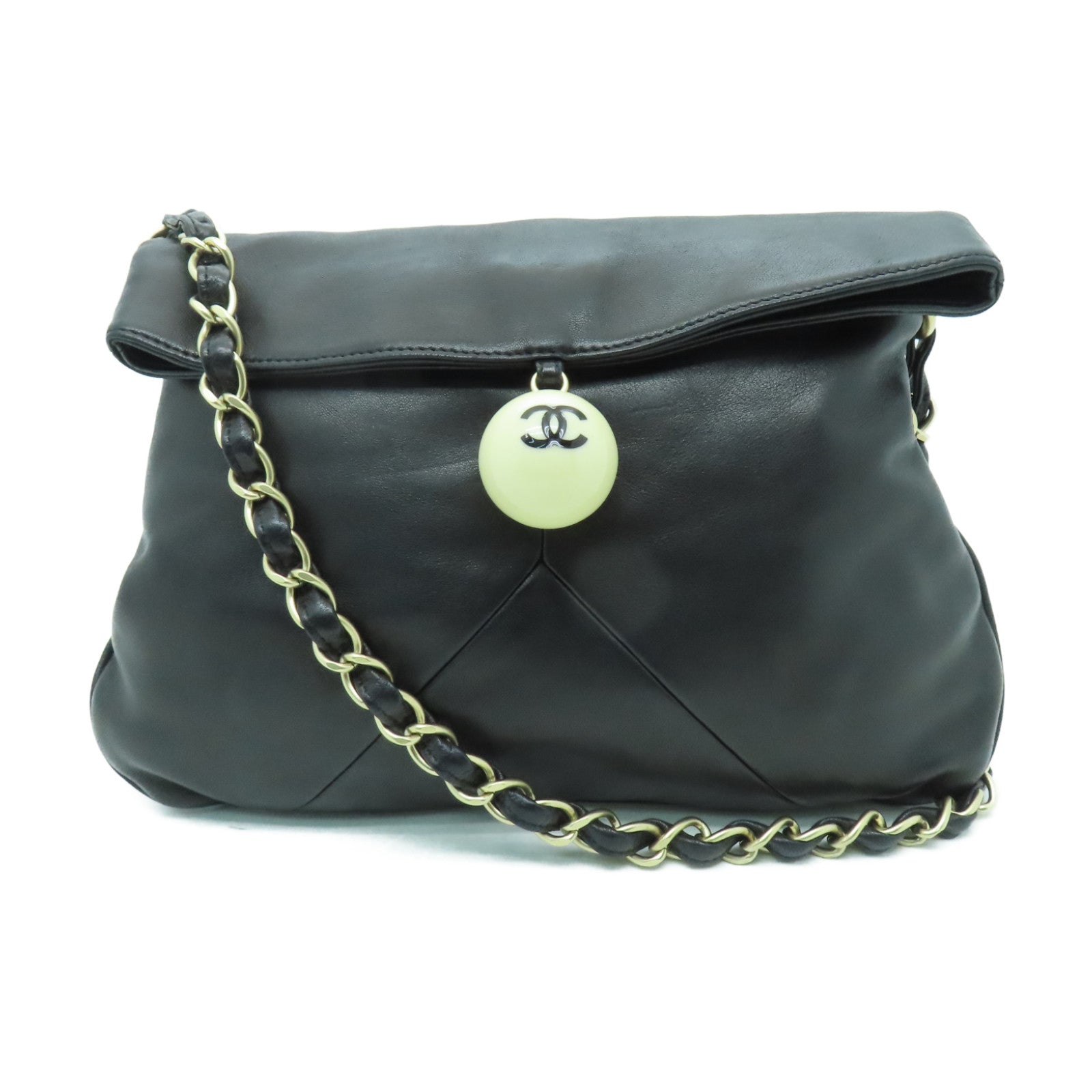 CHANEL 羊皮皮革Chain Shoulder金扣鏈帶肩背袋黑色